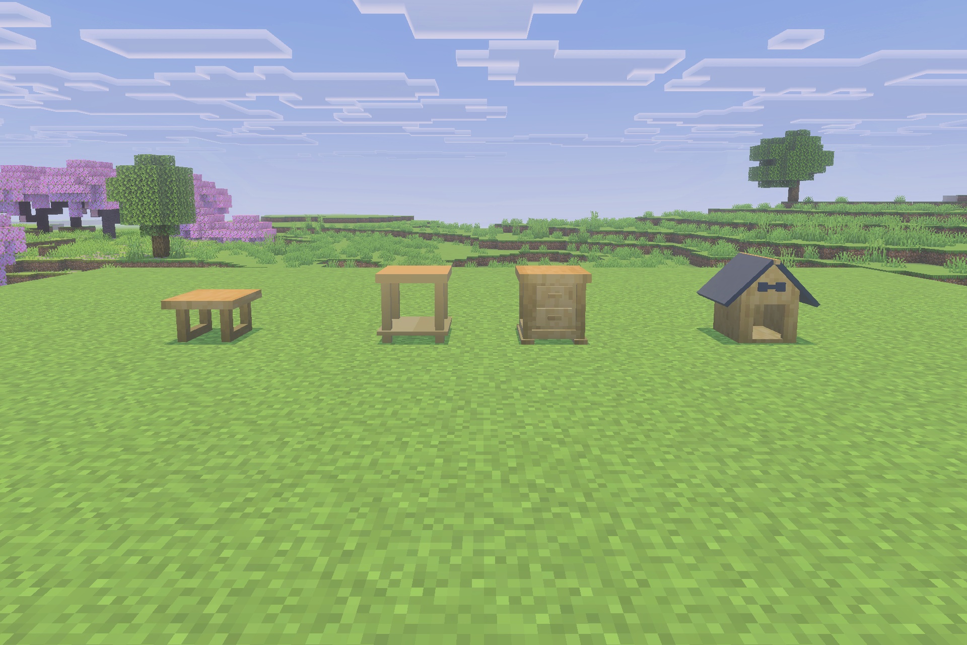 Rustic Furniture Addon Screenshot 4 Various wooden furniture items including a dog house on a grassy field