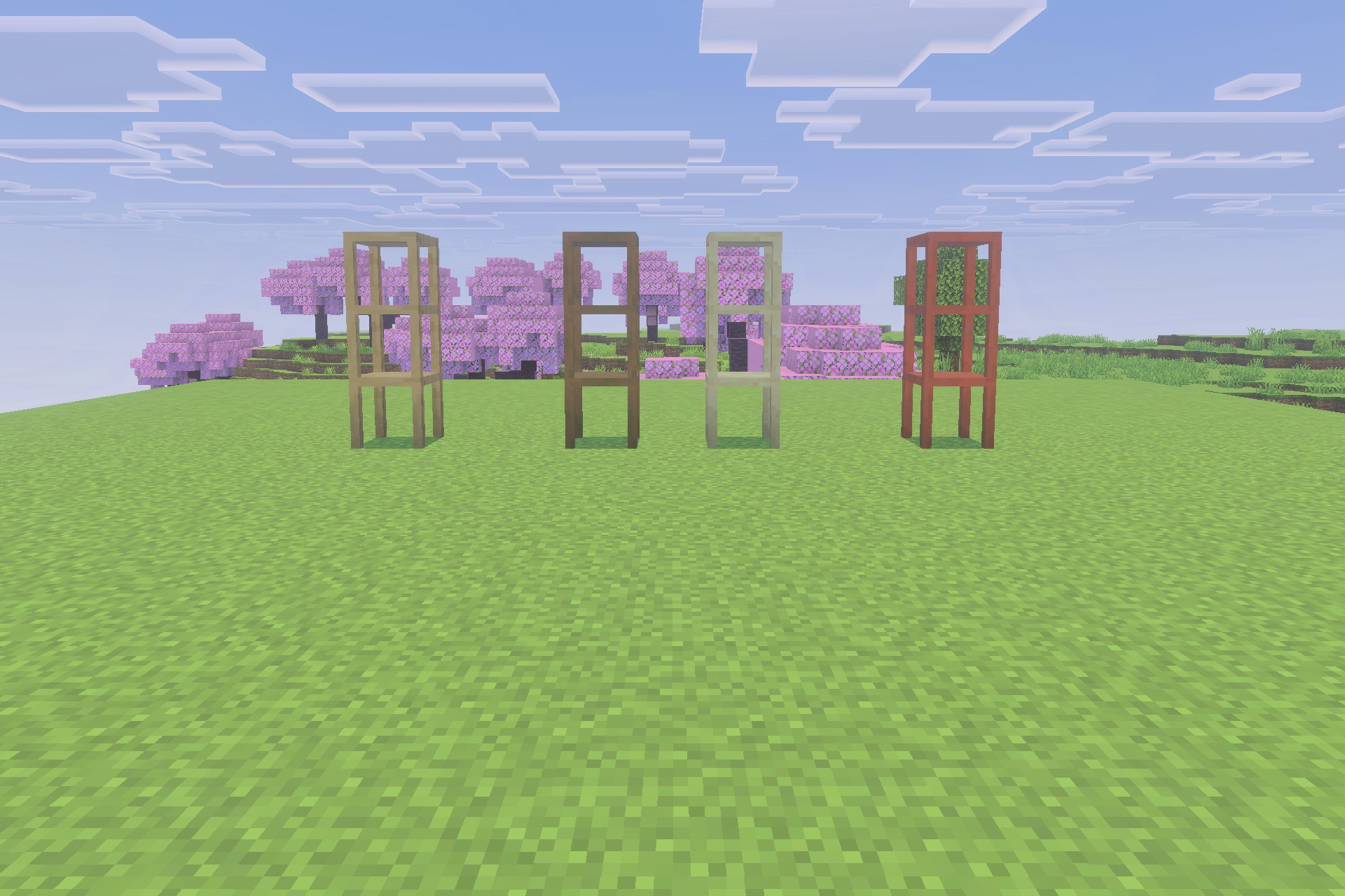 Rustic Furniture Addon Screenshot 5 Four wooden storage shelves standing in a field with cherry blossom trees