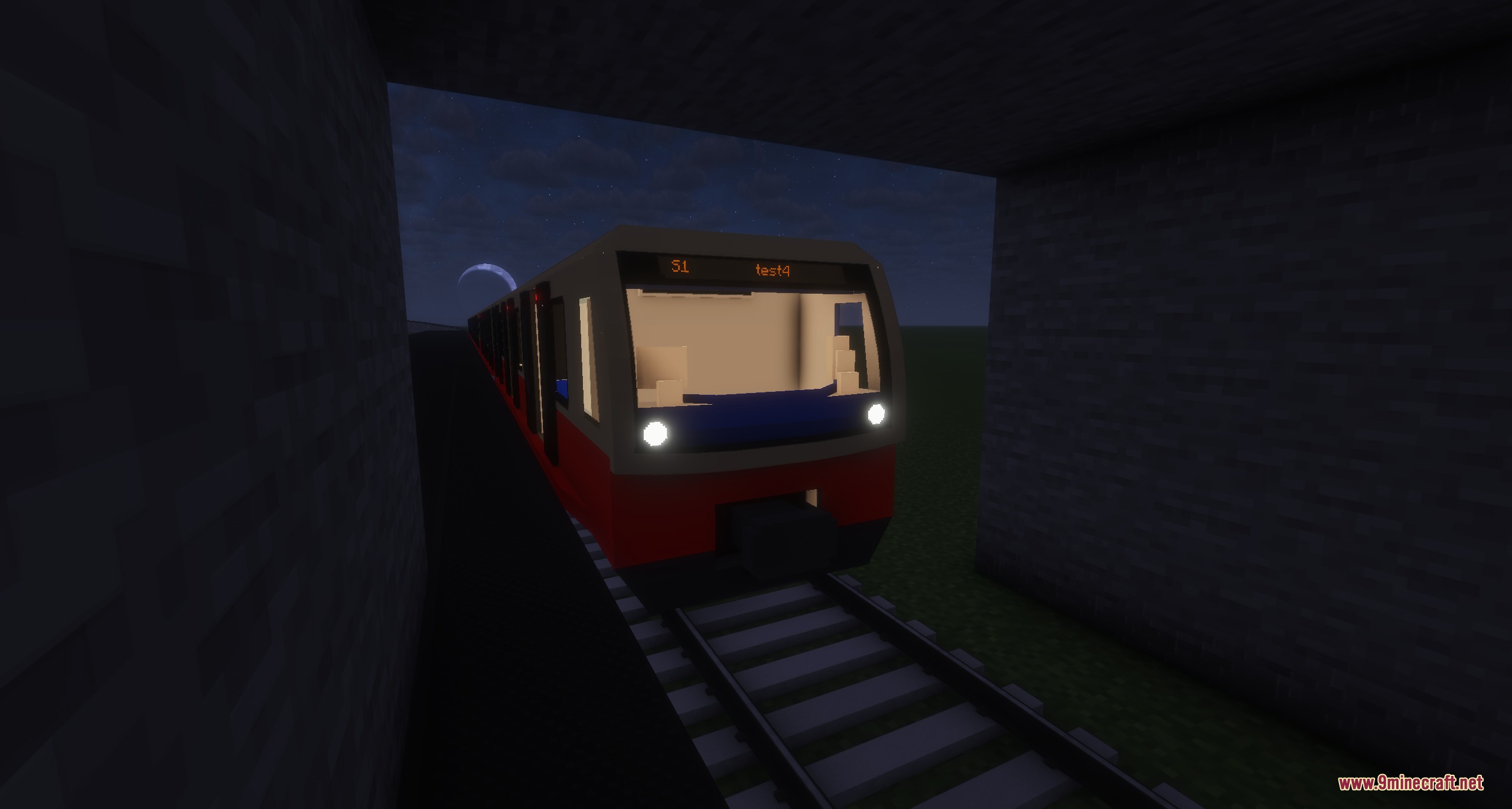 S Bahn Berlin Pack Resource Pack Screenshot 2 A modern commuter train with glowing headlights exiting a tunnel at night