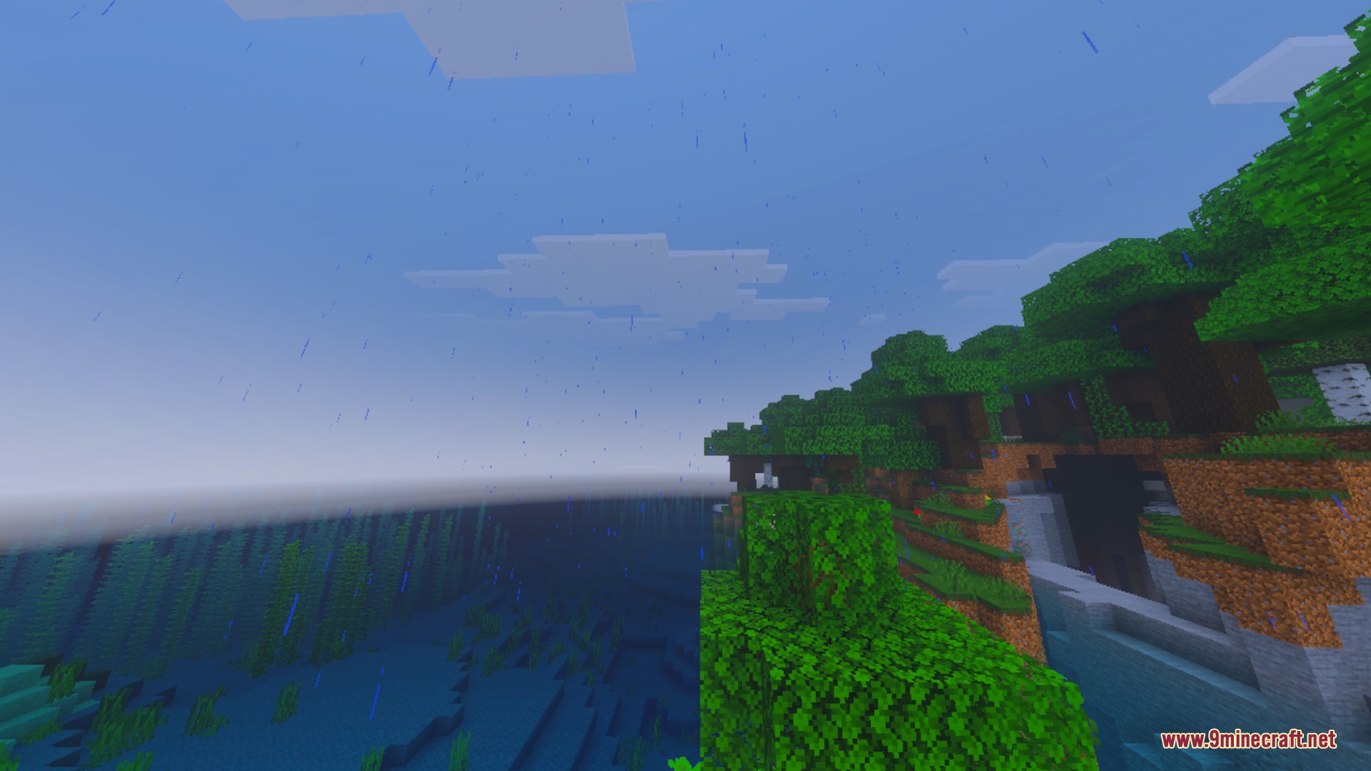 Vibrant green forest and deep blue ocean under a rainy Minecraft sky
