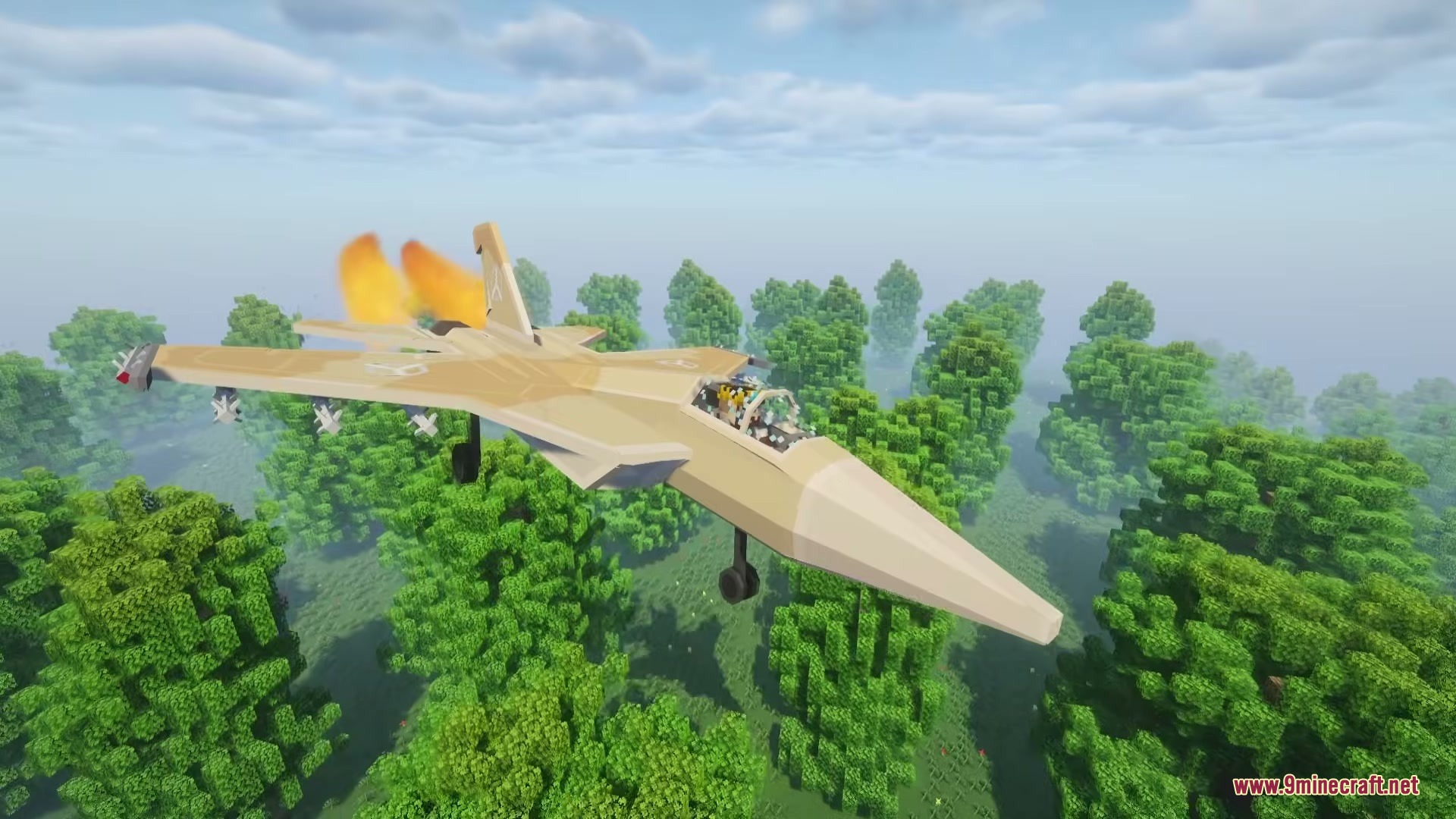 SBW Nearth Armory Mod Screenshot 10 A tan fighter jet flies over a dense forest with engines firing