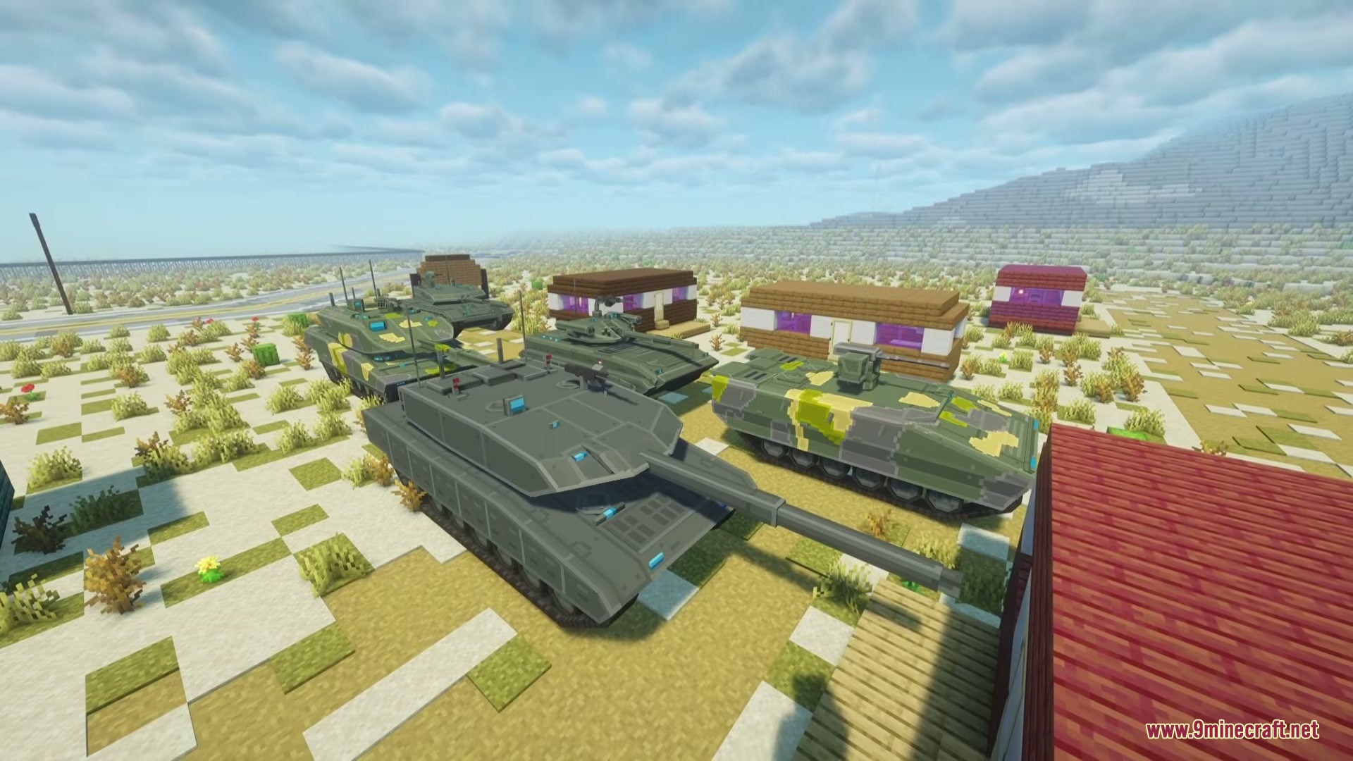 SBW Nearth Armory Mod Screenshot 11 Fictional military tanks and armored vehicles parked near small wooden buildings