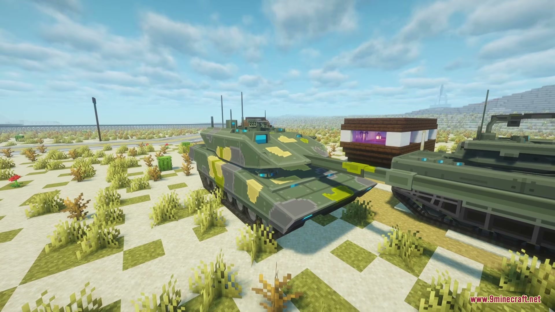 SBW Nearth Armory Mod Screenshot 12 Detailed view of a camouflaged main battle tank in Minecraft
