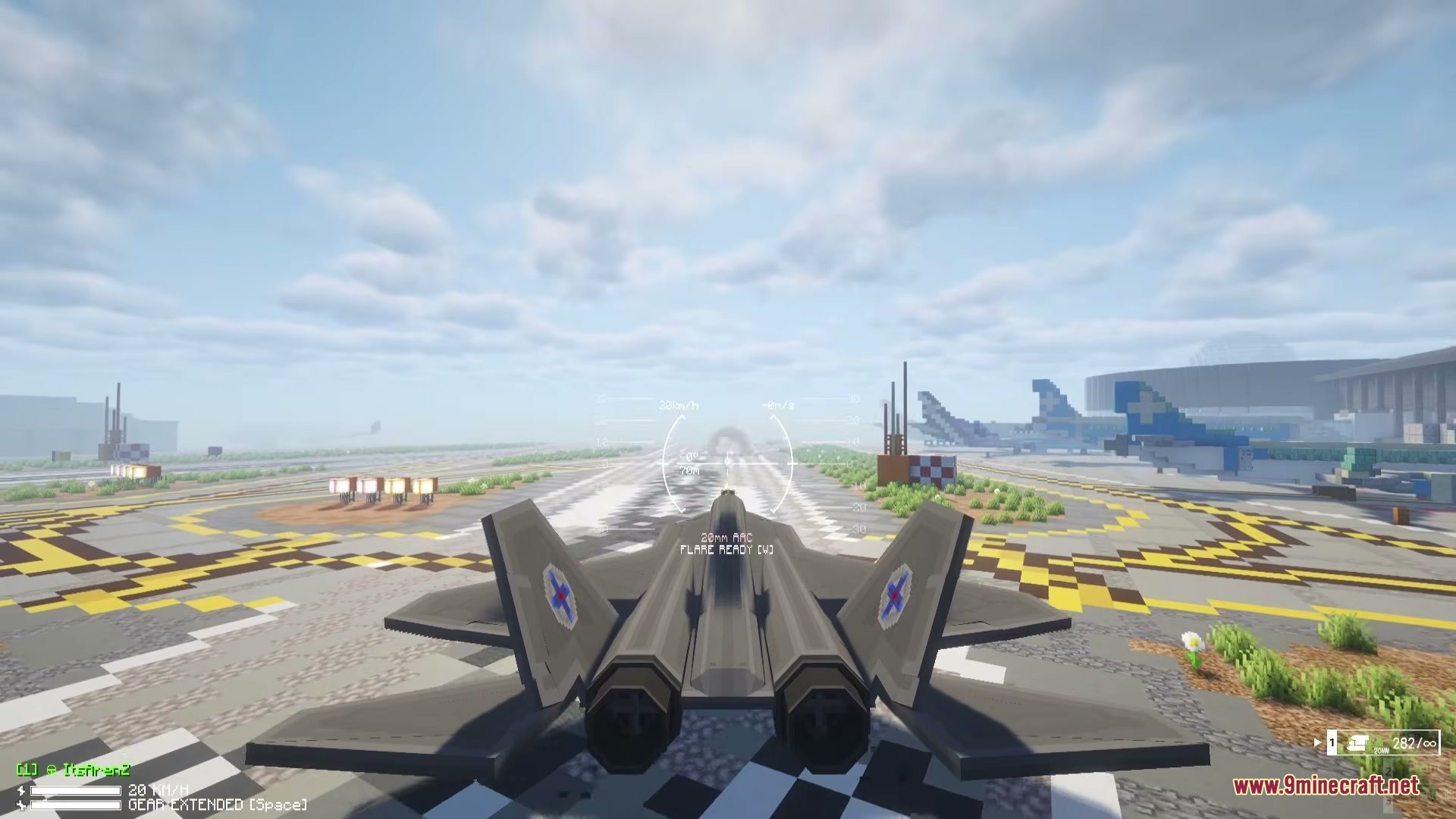 SBW Nearth Armory Mod Screenshot 2 Rear view of a military aircraft on a runway with a custom HUD