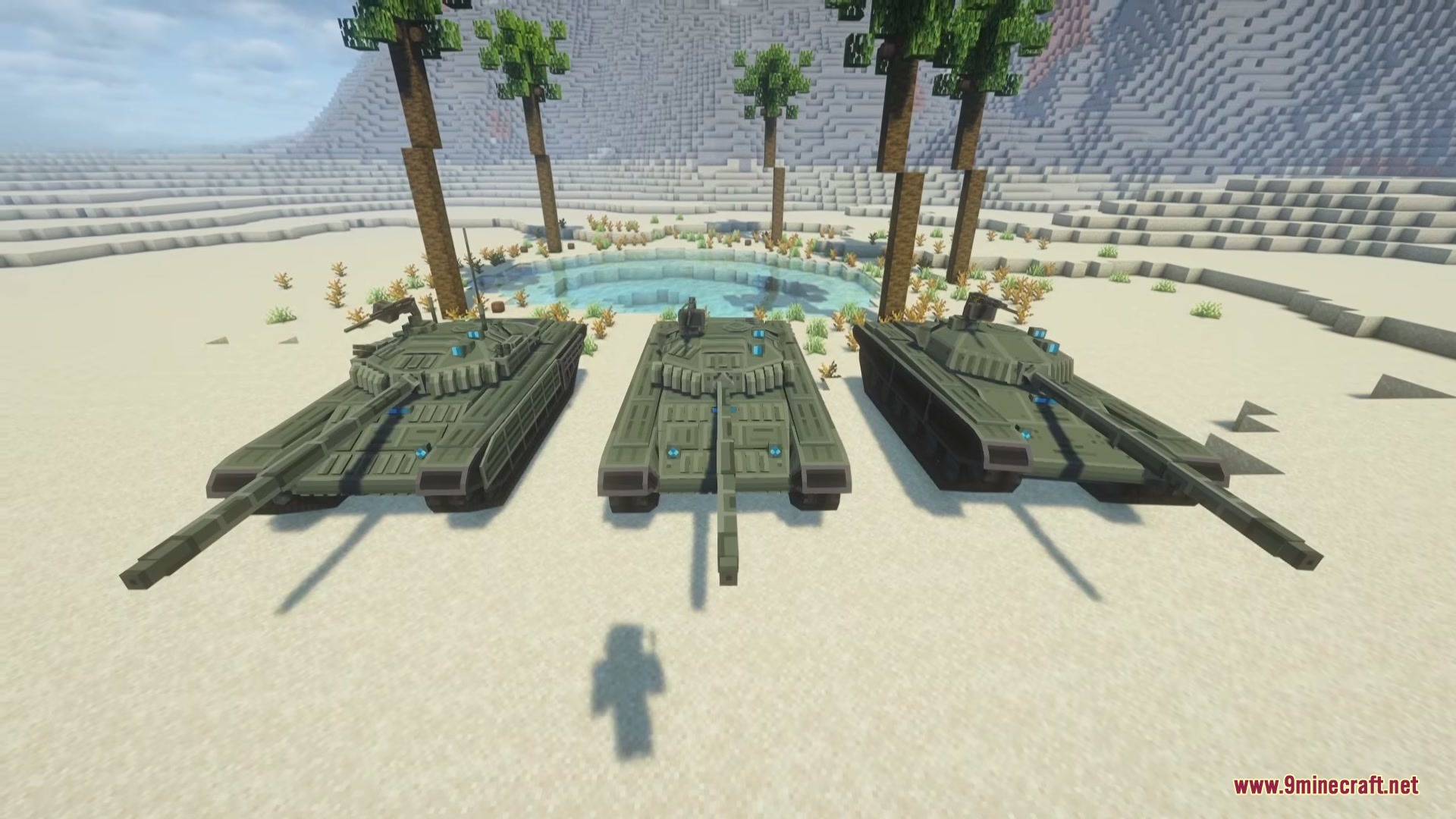 SBW Nearth Armory Mod Screenshot 3 Three green fictional tanks parked in a desert biome near palm trees