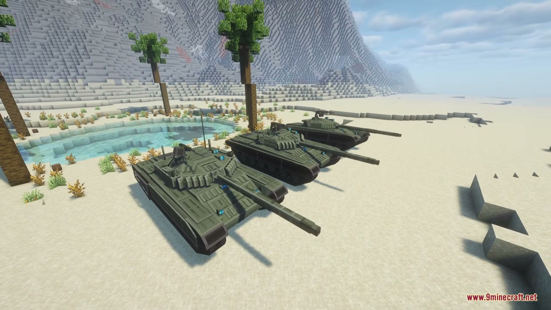 SBW Nearth Armory Mod Screenshot 4 Side view of three armored tanks positioned near a desert oasis