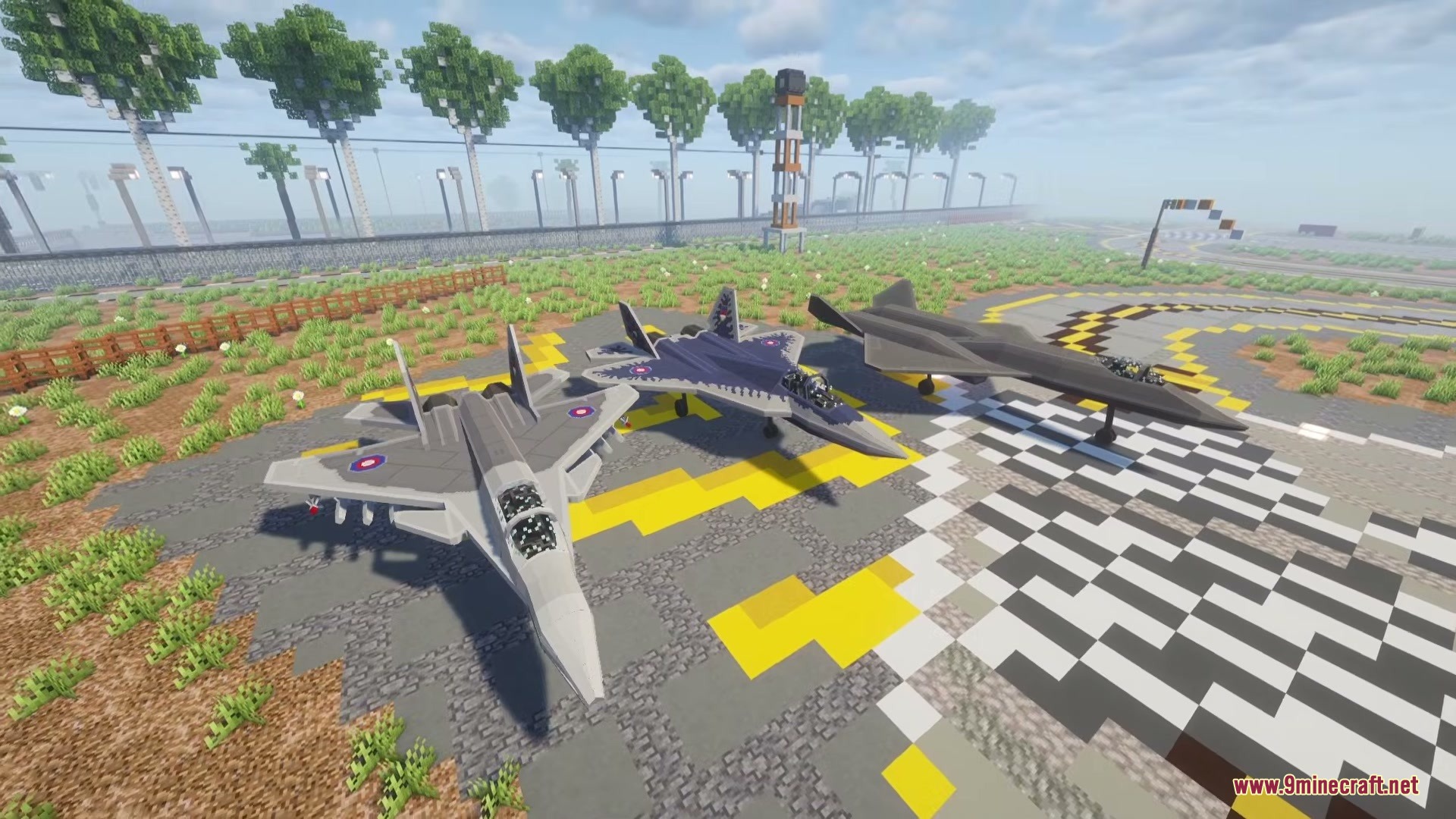 SBW Nearth Armory Mod Screenshot 5 Three different fictional military aircraft parked on a runway in Minecraft