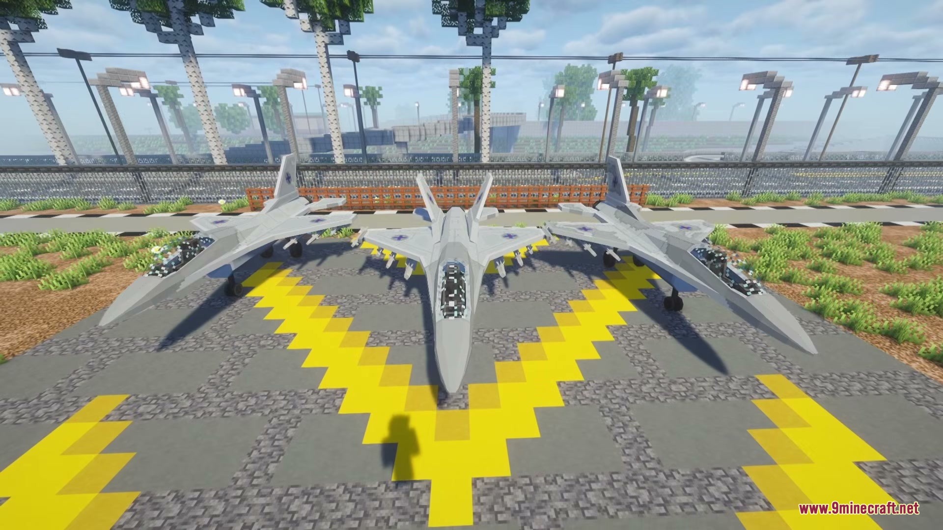 SBW Nearth Armory Mod Screenshot 6 Three grey fighter jets from SBW Nearth Armory parked on the ground