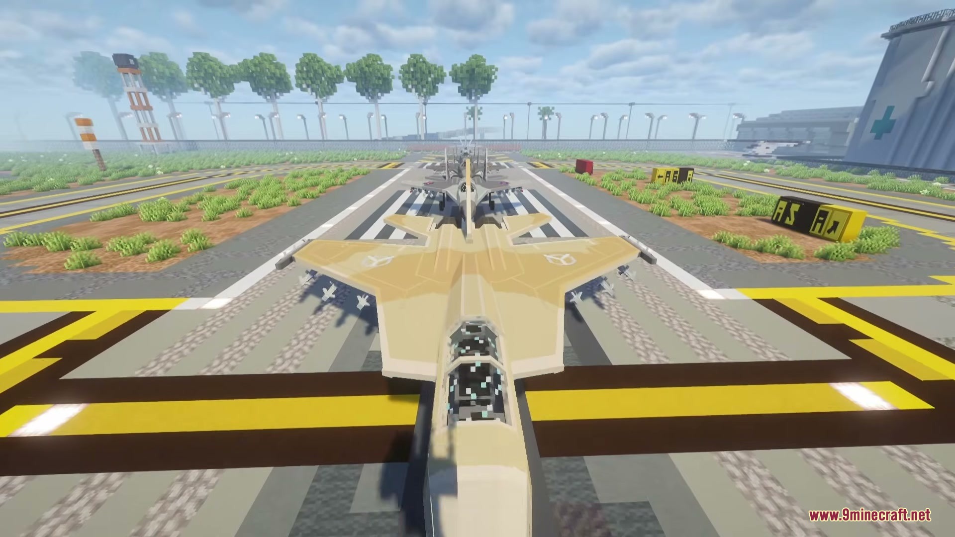 SBW Nearth Armory Mod Screenshot 7 A tan fictional fighter jet from SBW Nearth Armory Mod on a runway