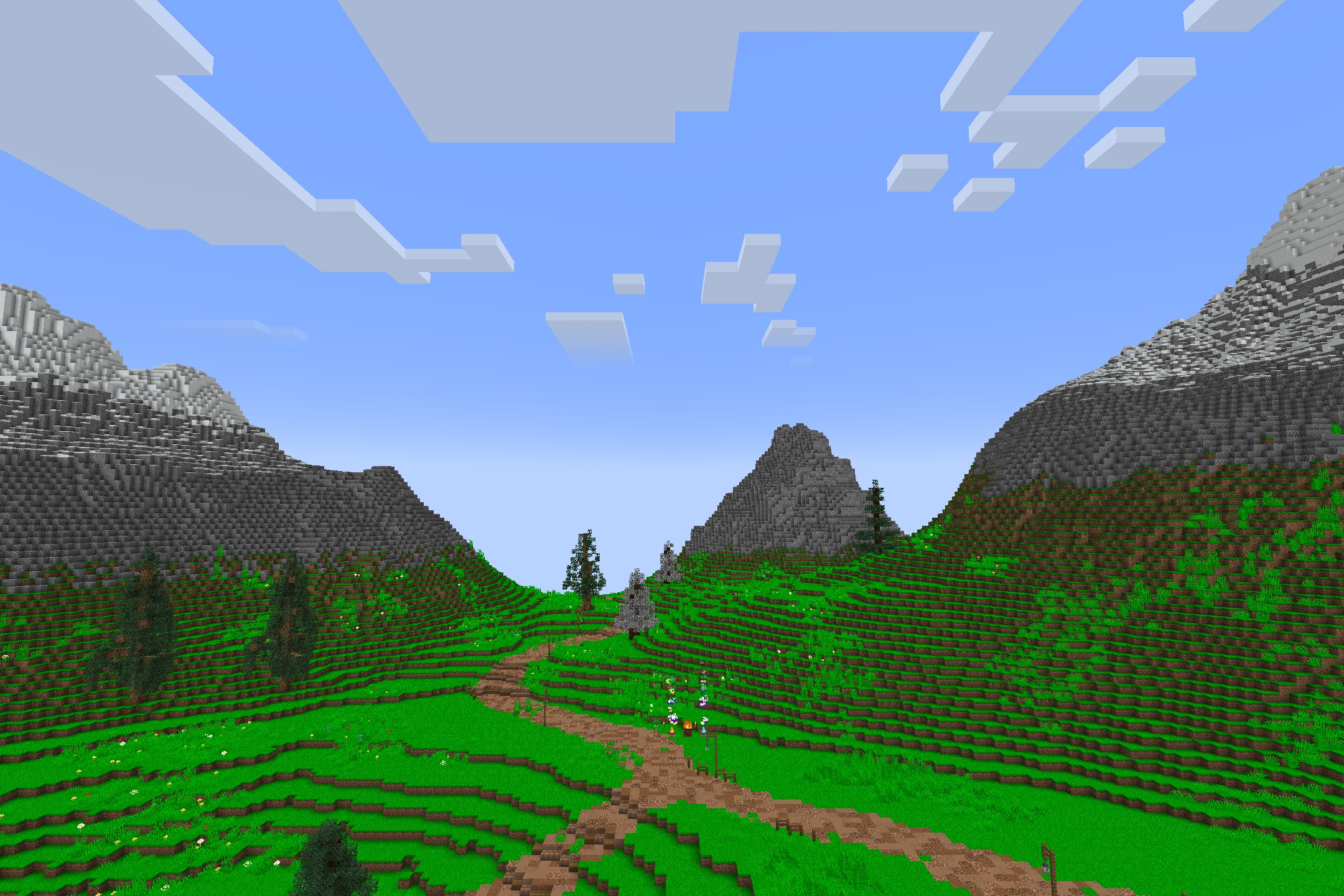 SEASONAL TREES Resource Pack Screenshot 10 A winding dirt path through a vibrant green valley with tall stone mountains