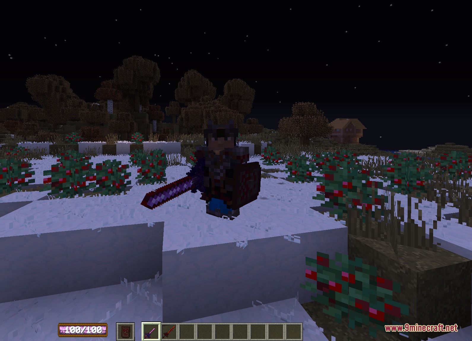 SRP&Wizardry Insane Tweaks Mod Screenshot 1 A player stands in a snowy field holding a powerful purple sword