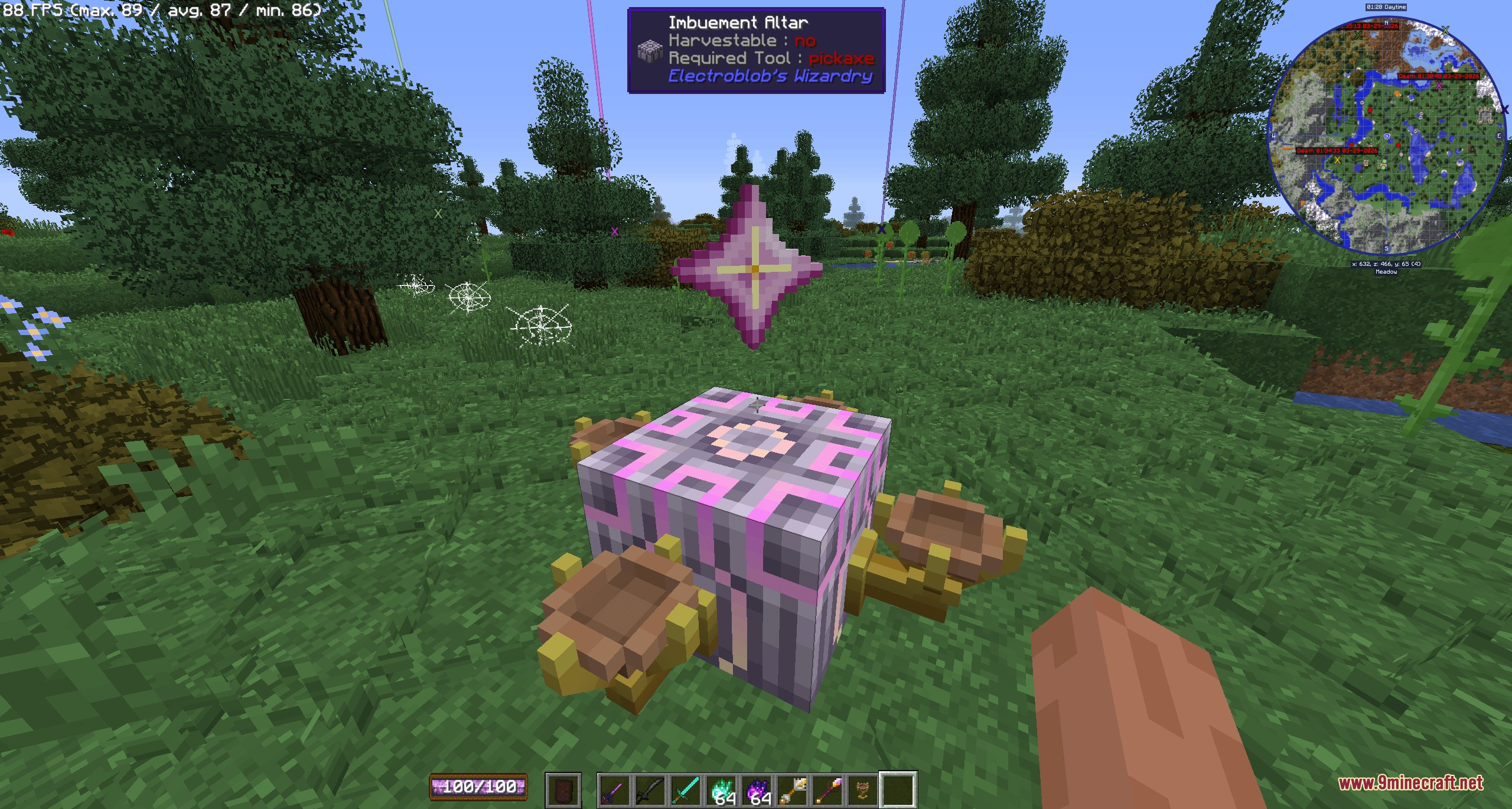 SRP&Wizardry Insane Tweaks Mod Screenshot 2 An Imbuement Altar block sits in a forest with a floating star