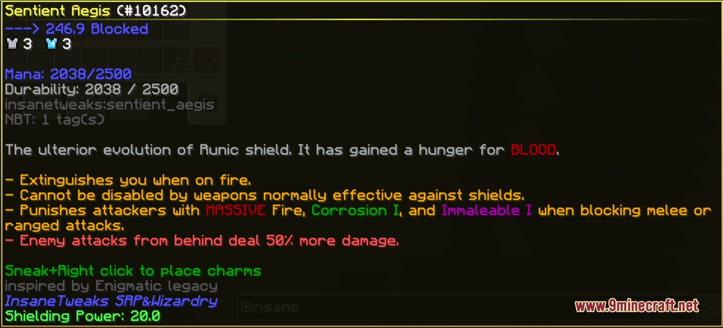 SRP&Wizardry Insane Tweaks Mod Screenshot 3 Detailed tooltip for the Sentient Aegis shield showing its powerful defensive abilities