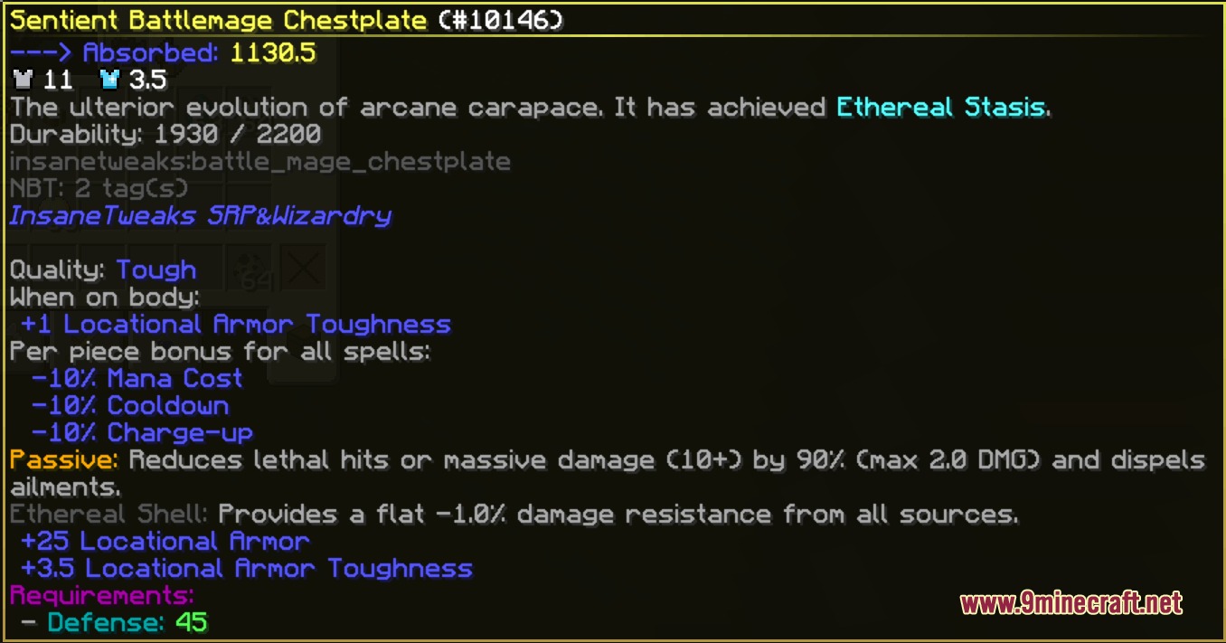 SRP&Wizardry Insane Tweaks Mod Screenshot 4 Detailed tooltip for the Sentient Battlemage Chestplate showing its magical properties and stats