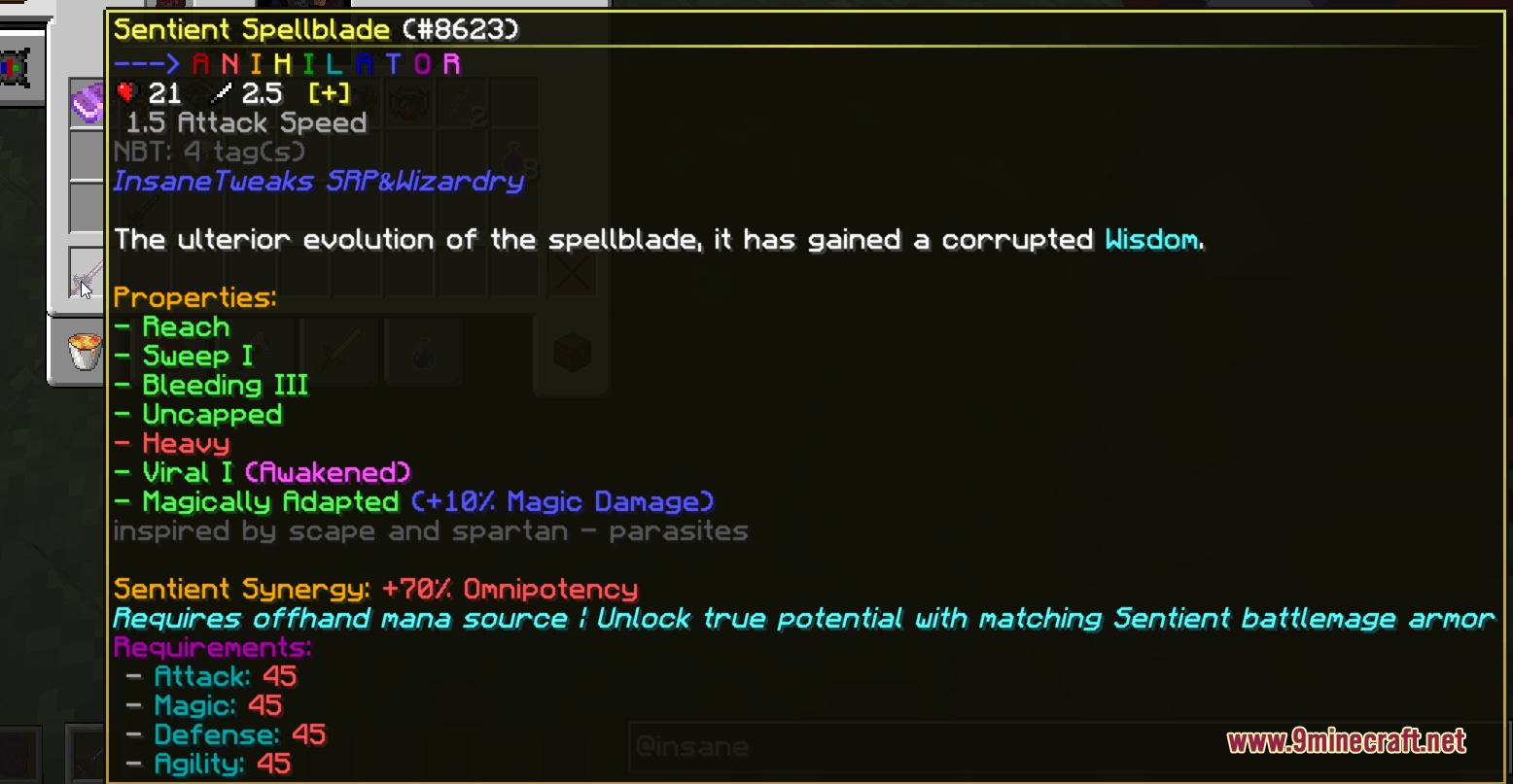 SRP&Wizardry Insane Tweaks Mod Screenshot 6 The Sentient Spellblade item tooltip displays high attack damage and specific requirements
