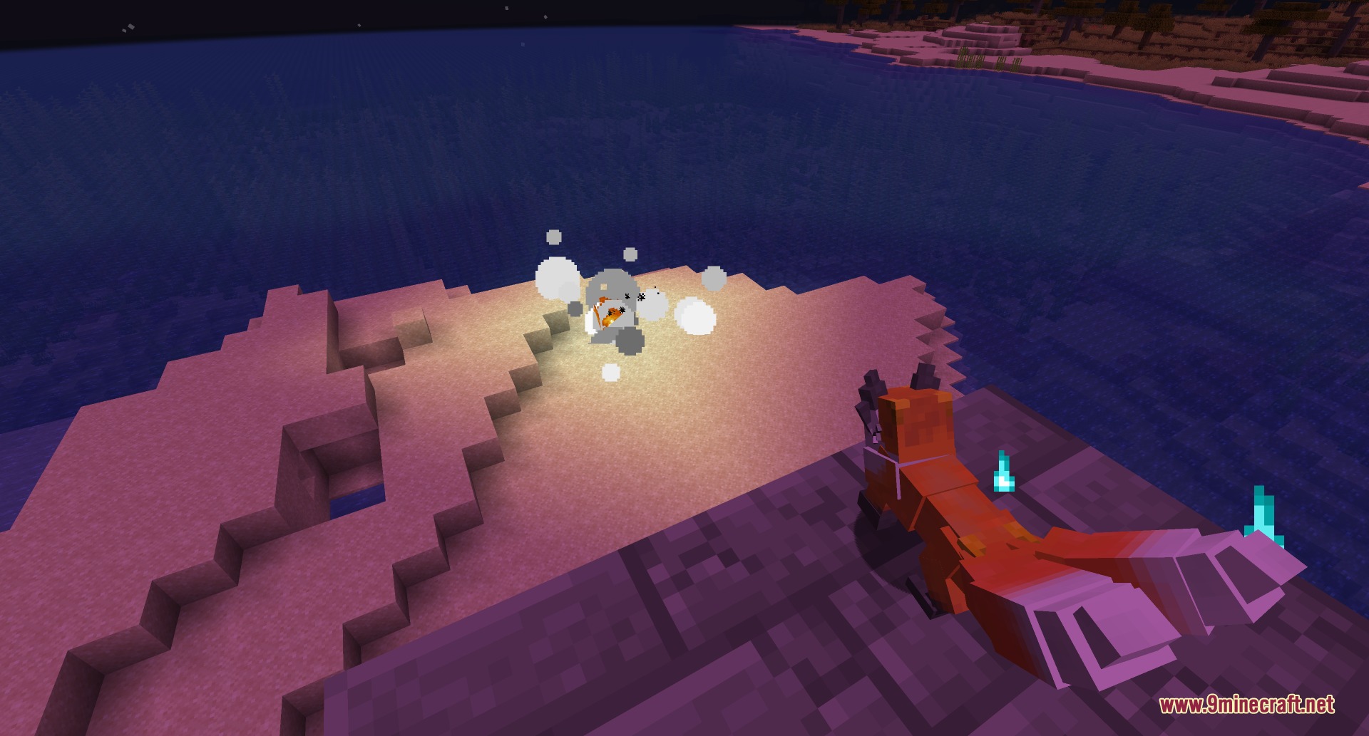 A Familiar Fox watches a small white entity surrounded by smoke particles