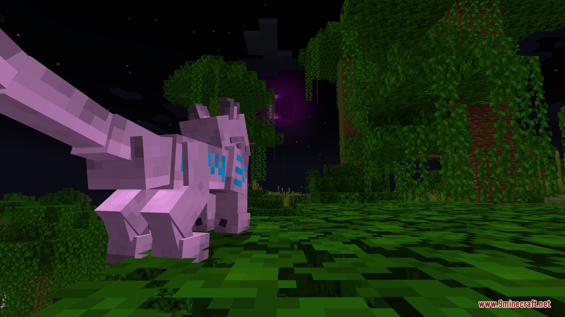 A purple fox with glowing blue patterns stands in a dark jungle
