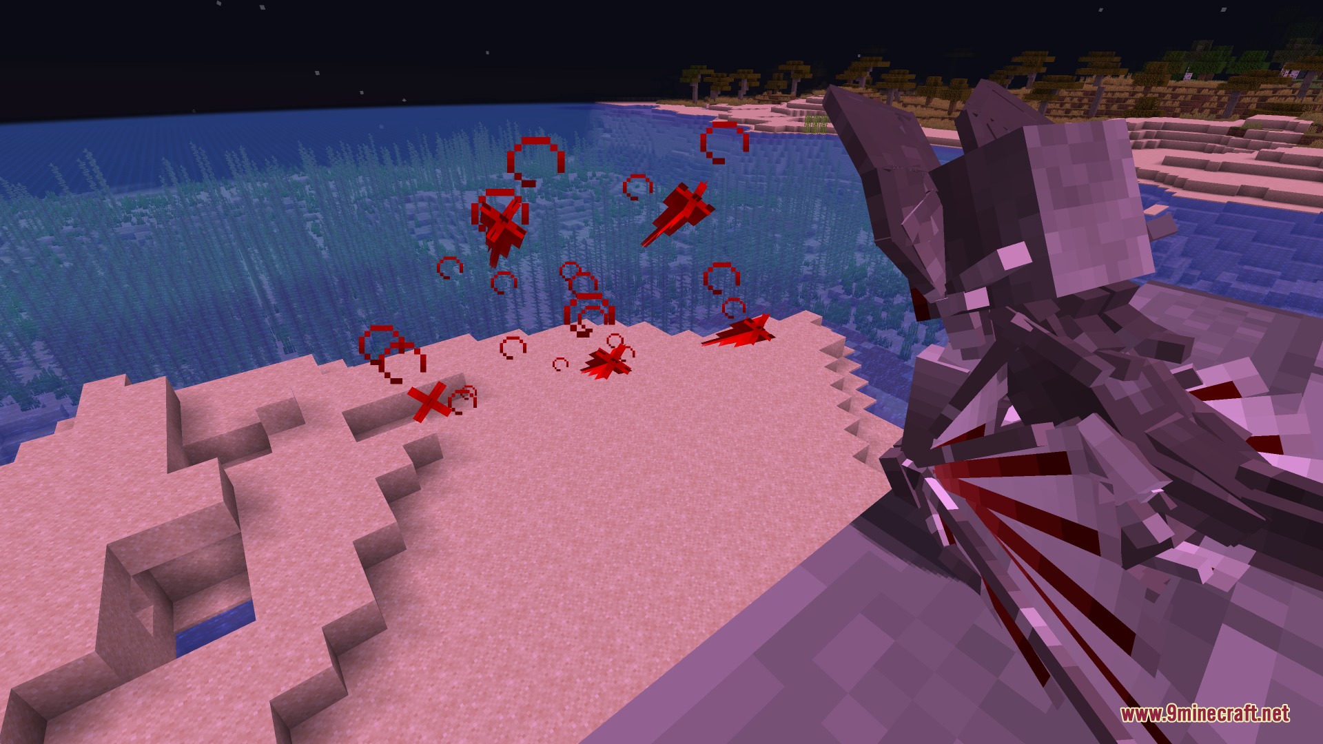 A bat vampire creature shoots red blood thorns on a sandy beach