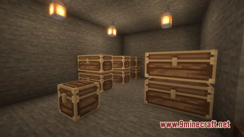 SSL's Soft Textures Resource Pack Screenshot 5 Multiple wooden chests stacked inside a stone room lit by hanging lanterns