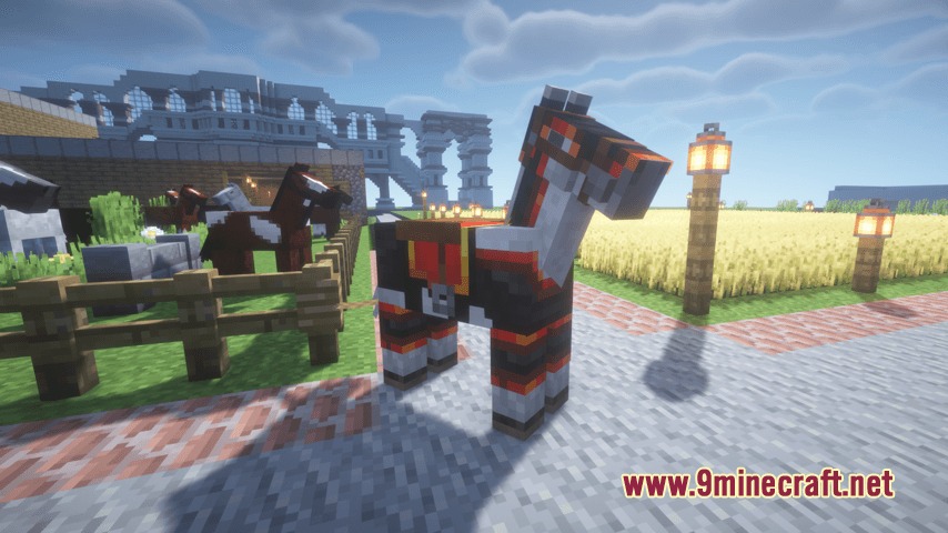 SSL's Soft Textures Resource Pack Screenshot 6 A horse wearing netherite armor standing near a wheat field and fence