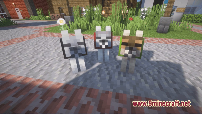 SSL's Soft Textures Resource Pack Screenshot 7 Three tamed wolves with soft textures standing on a gravel path in a village