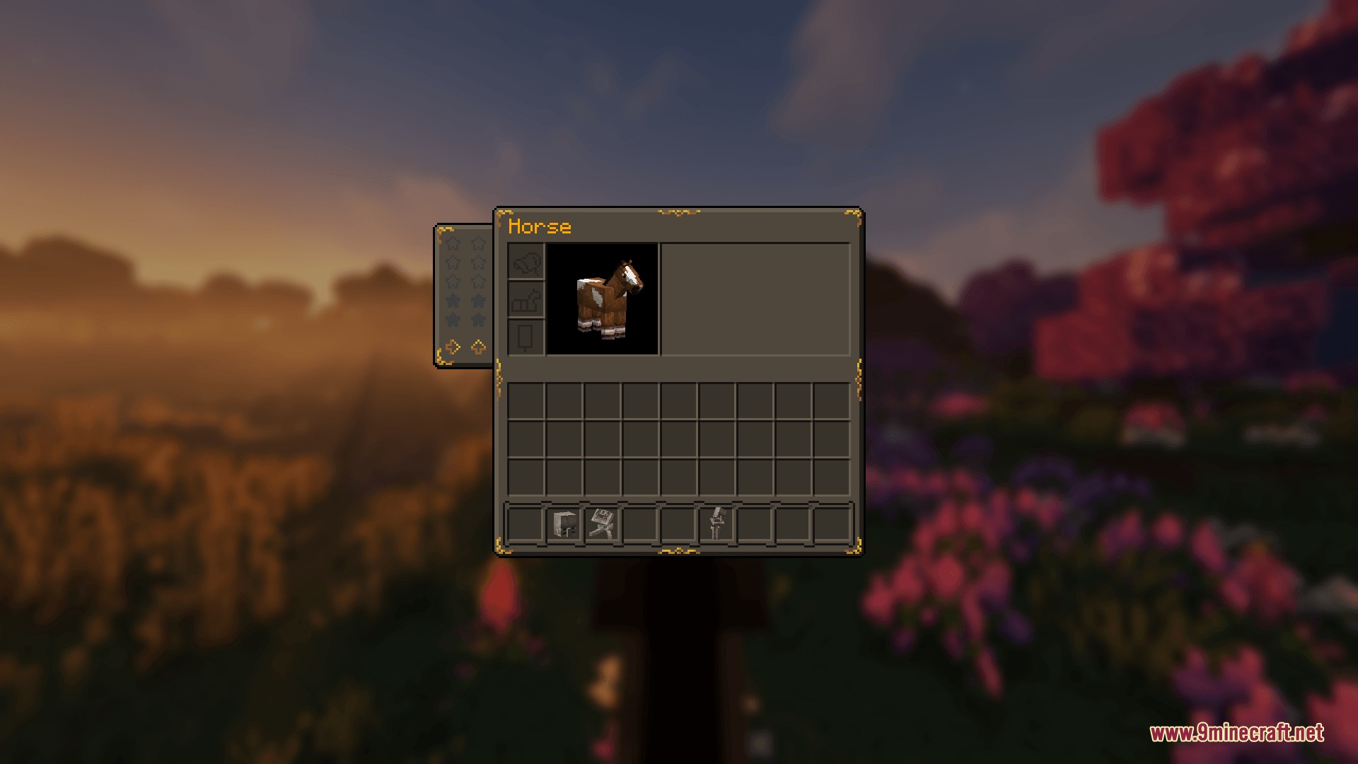 STONEBORN Denis' Mod Compats Resource Pack Screenshot 4 Horse inventory screen redesigned with a dark stone and gold fantasy theme