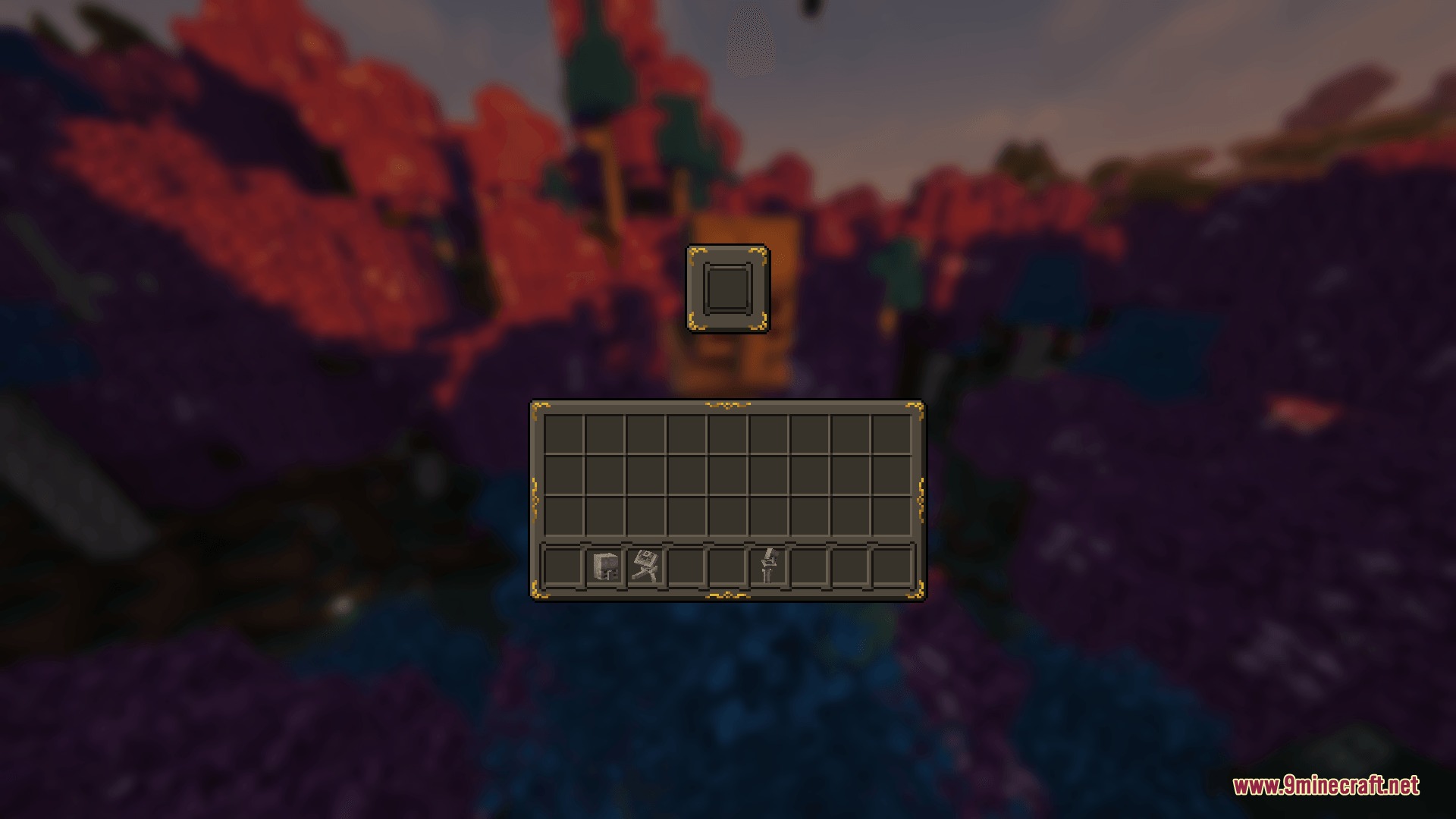 STONEBORN Denis' Mod Compats Resource Pack Screenshot 5 A dark fantasy style inventory screen shown over a blurred forest