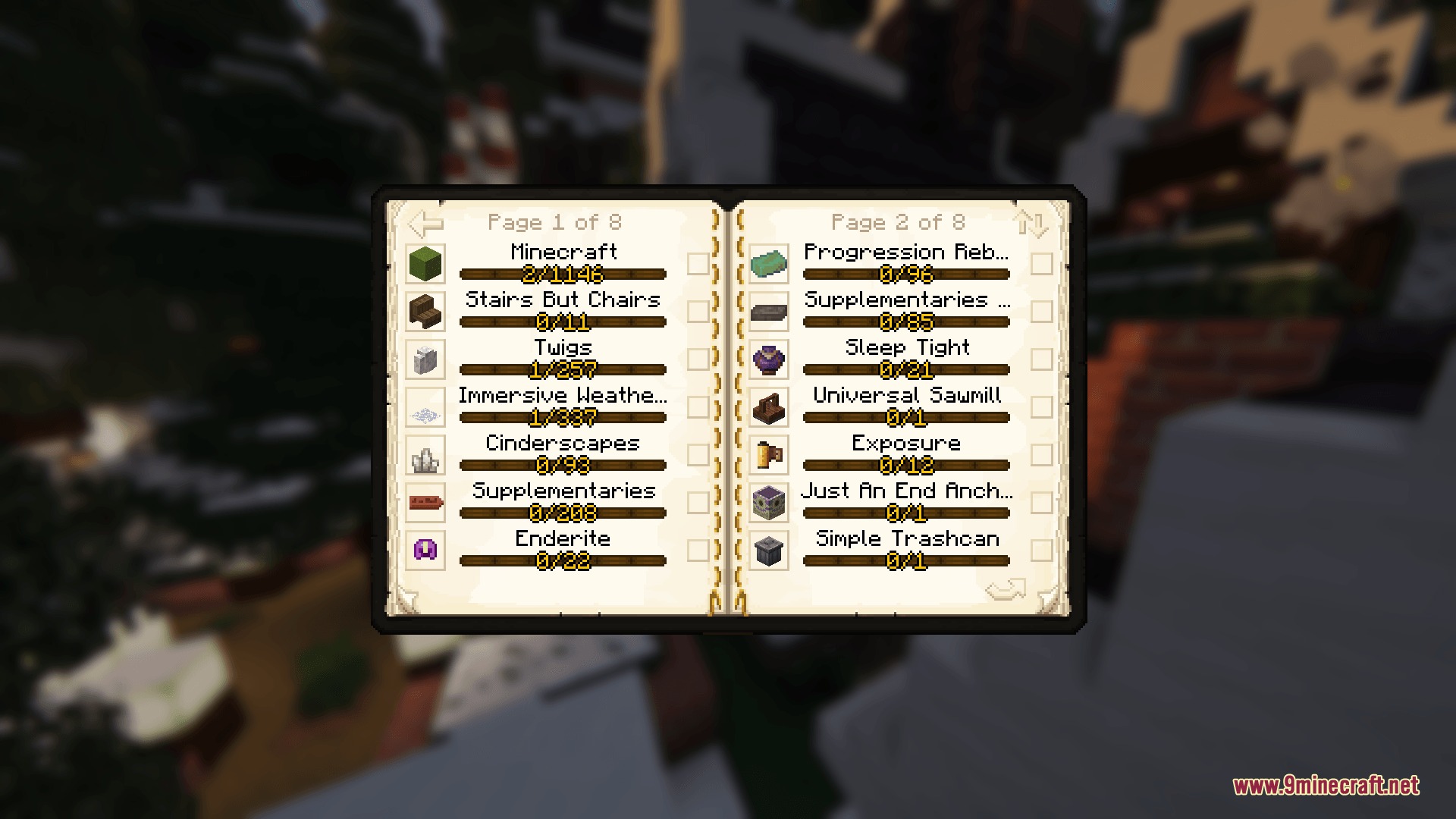 STONEBORN Denis' Mod Compats Resource Pack Screenshot 7 A fantasy book menu displaying completion progress for various installed Minecraft mods