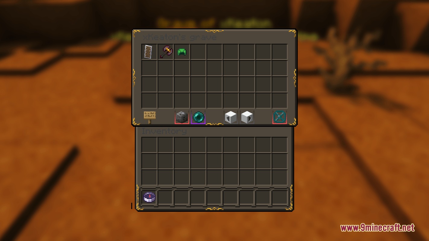 STONEBORN Denis' Mod Compats Resource Pack Screenshot 8 A custom grave inventory screen with a decorative stone border and recovered items