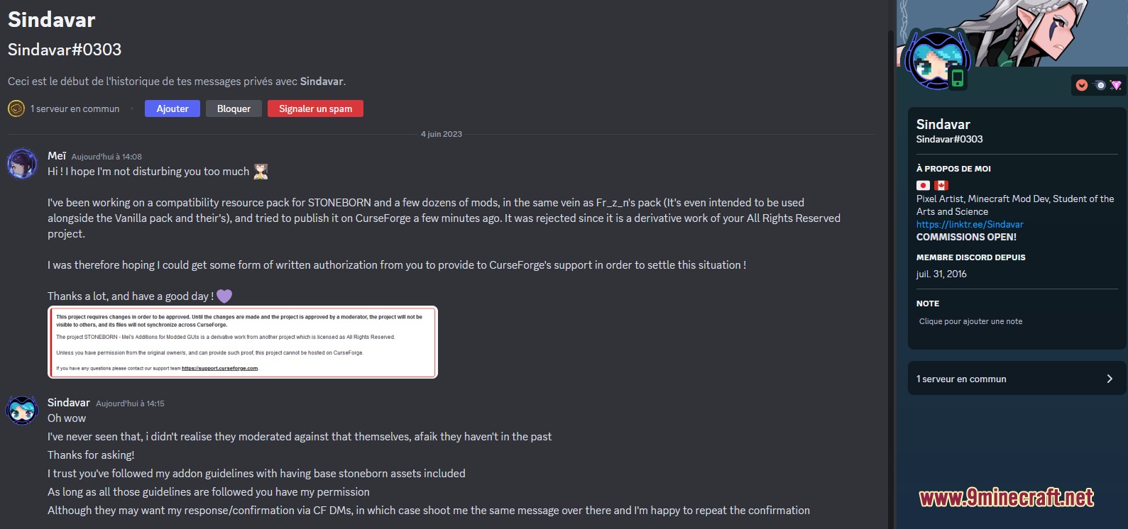 STONEBORN Meï's Additions for Modded GU is Resource Pack Screenshot 1 Discord conversation between two users discussing permission for a resource pack project