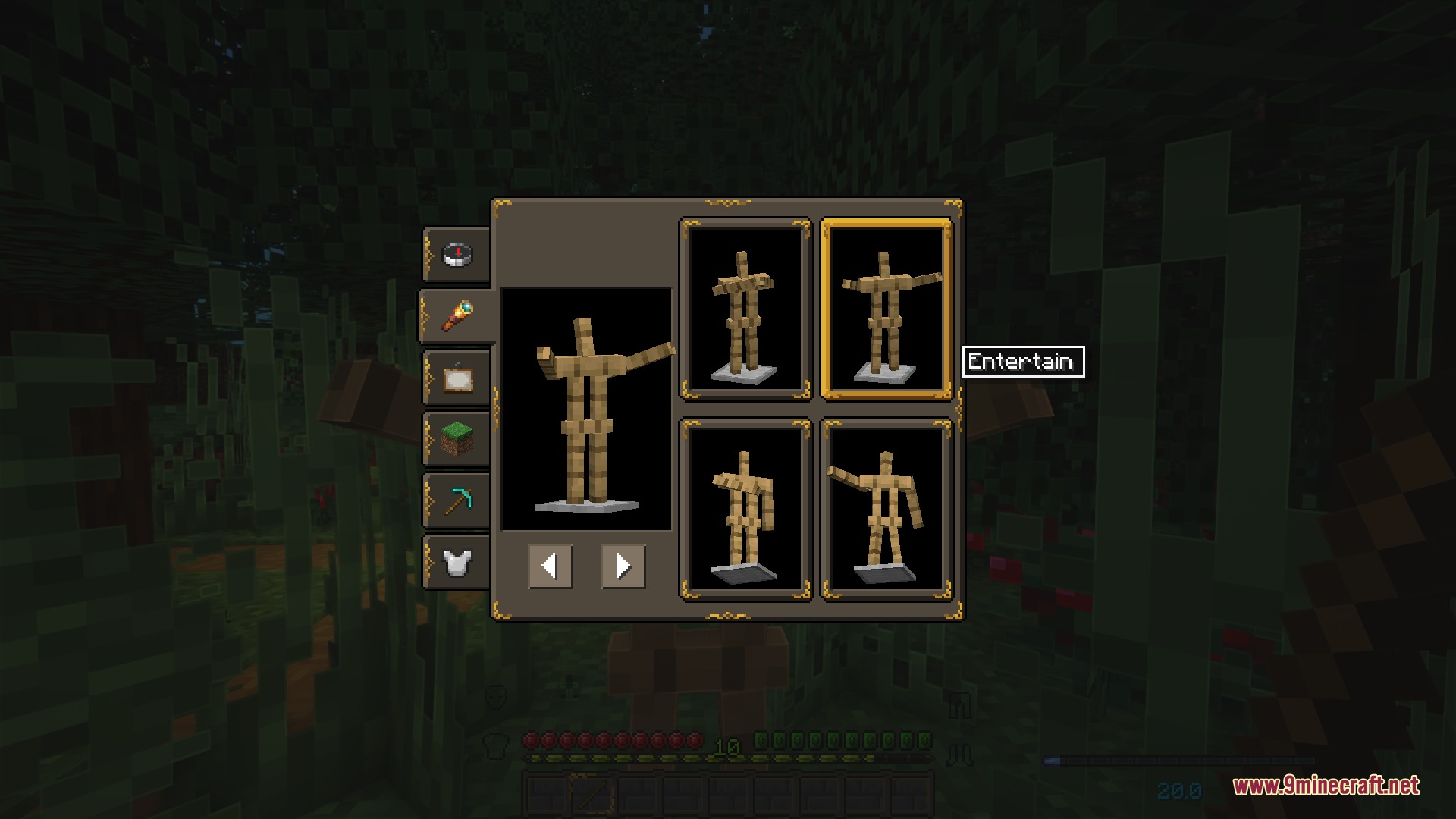 STONEBORN Meï's Additions for Modded GU is Resource Pack Screenshot 2 Dwarven fantasy style menu for posing armor stands in a dark forest