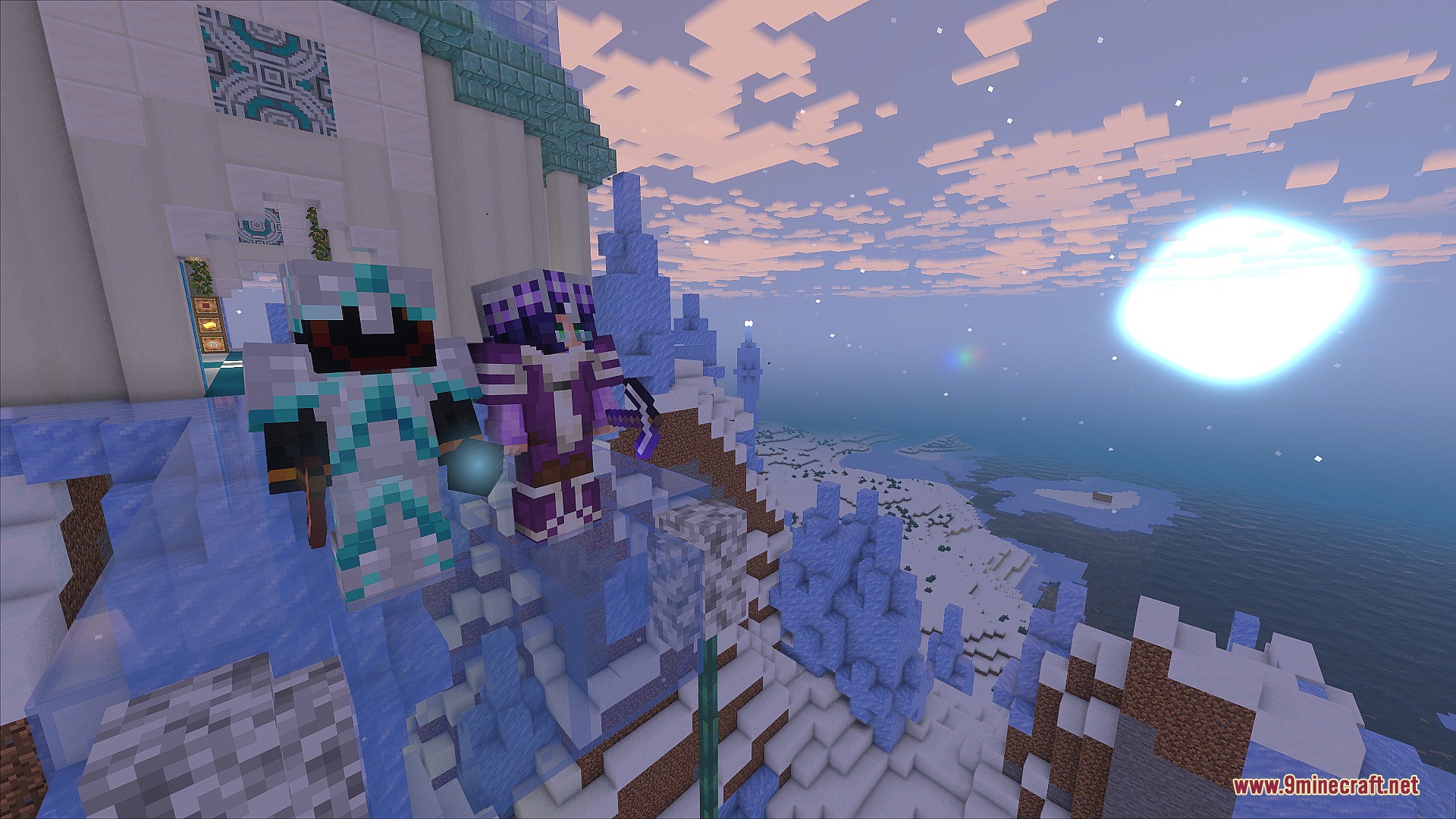 Two players wearing Sable Armor Trims standing on an icy mountain balcony