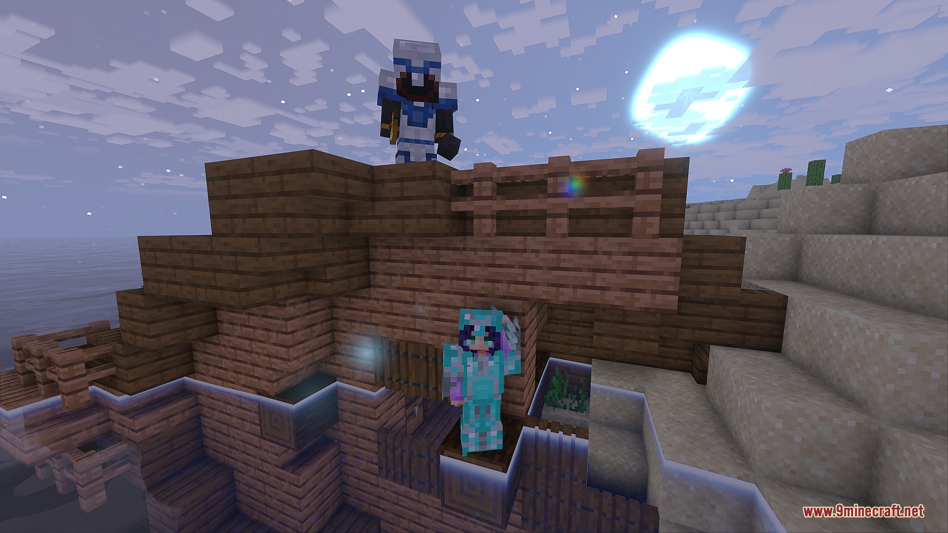 Players showcasing different armor trim designs on a wooden building by the sea