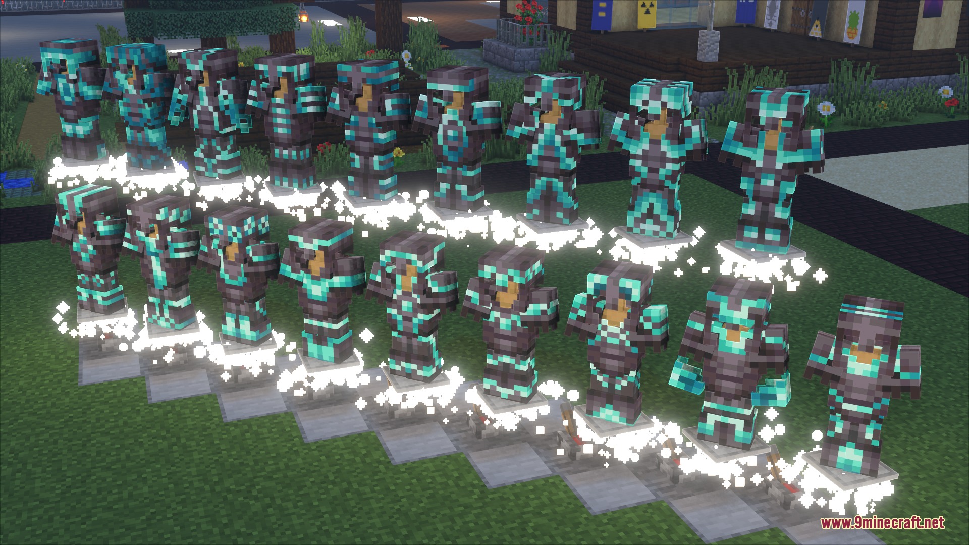 Rows of netherite armor stands showcasing various cyan colored trim patterns