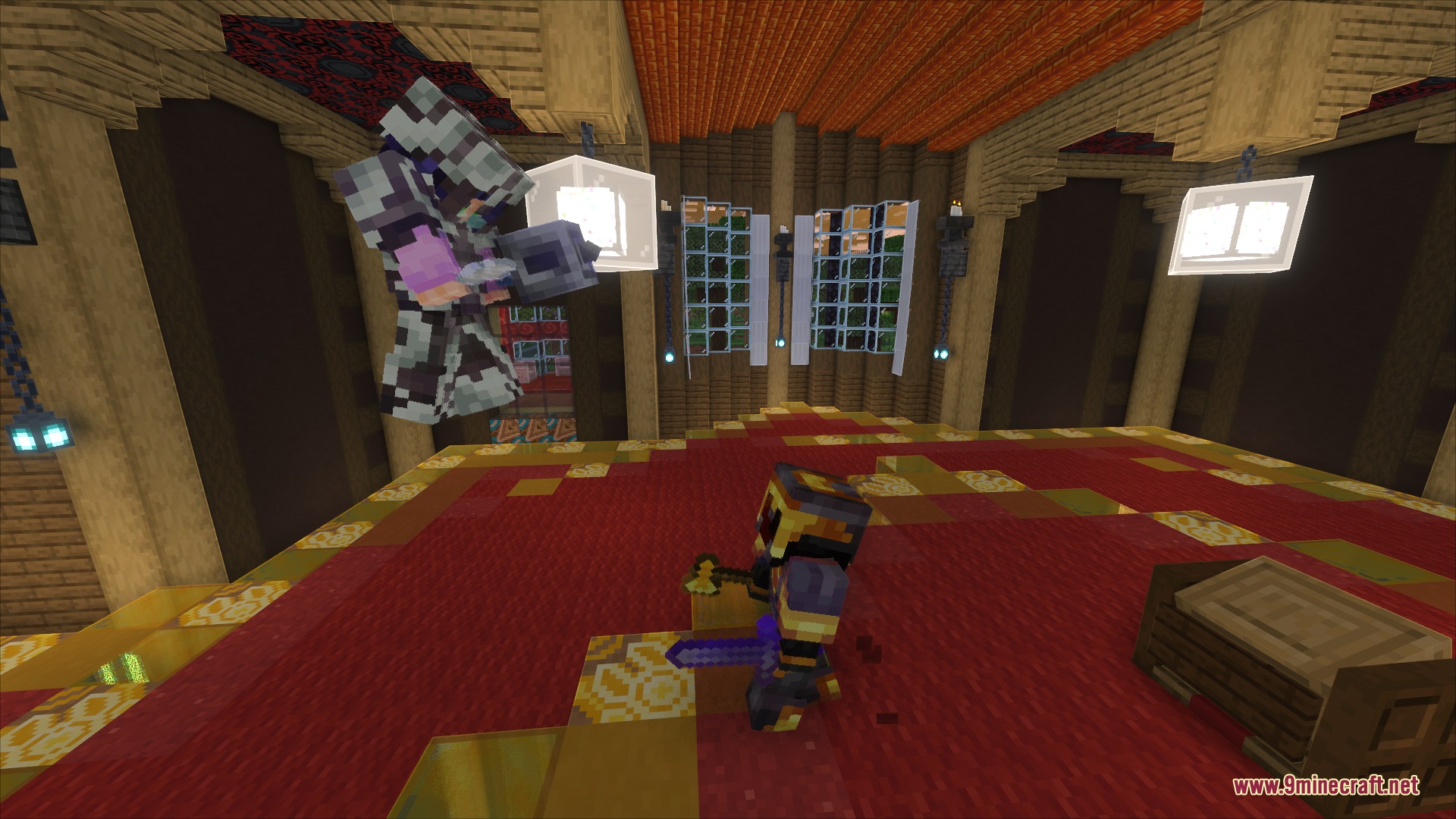 A player jumps to attack another player while wearing custom trimmed armor