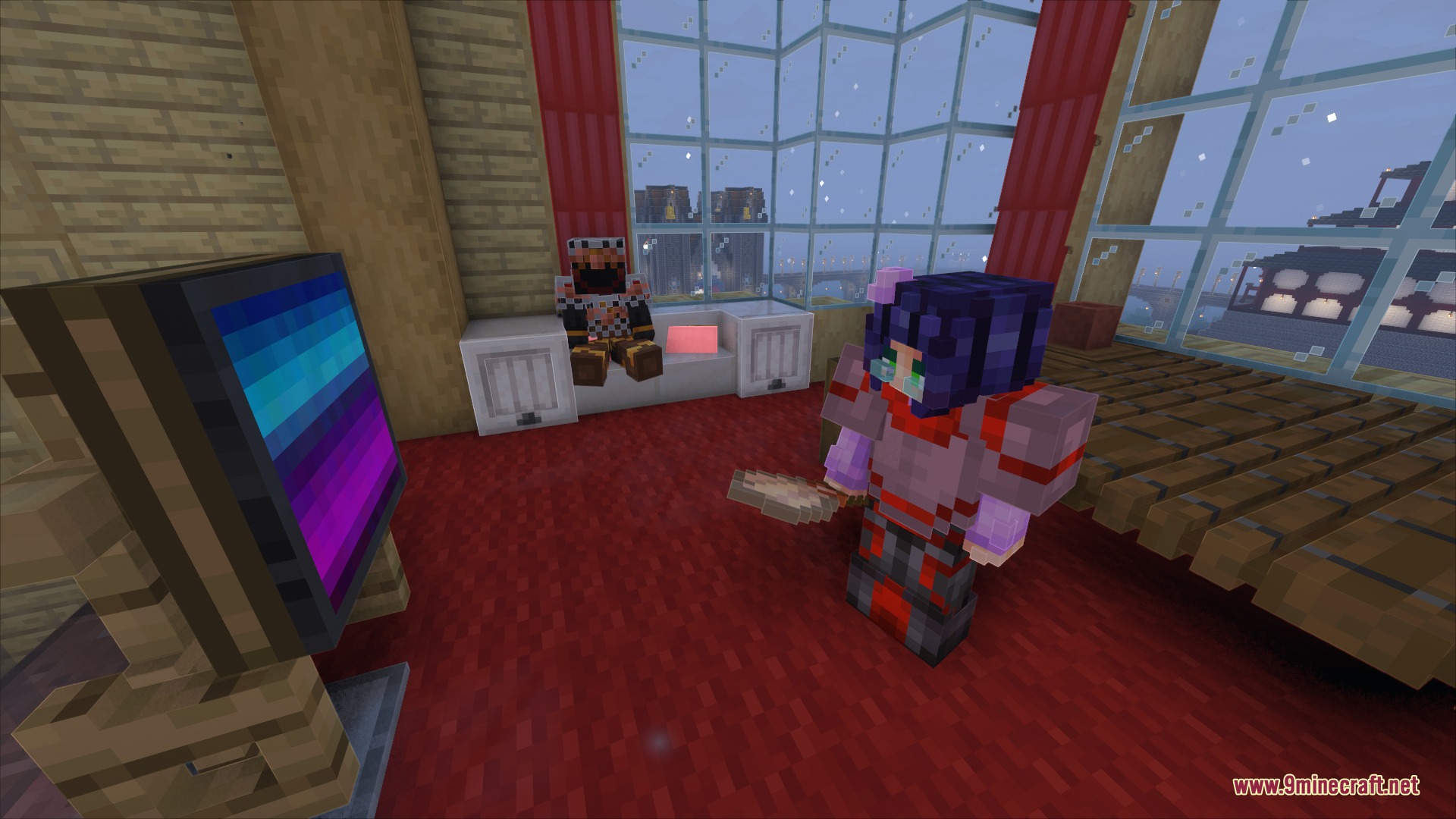 A player wearing Sable Armor Trims stands inside a cozy modern room