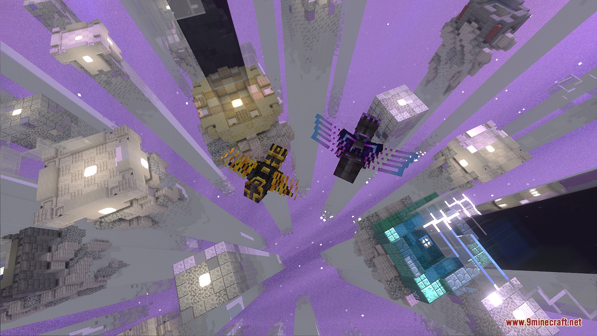 Two players wearing custom armor fly above floating structures in a purple dimension