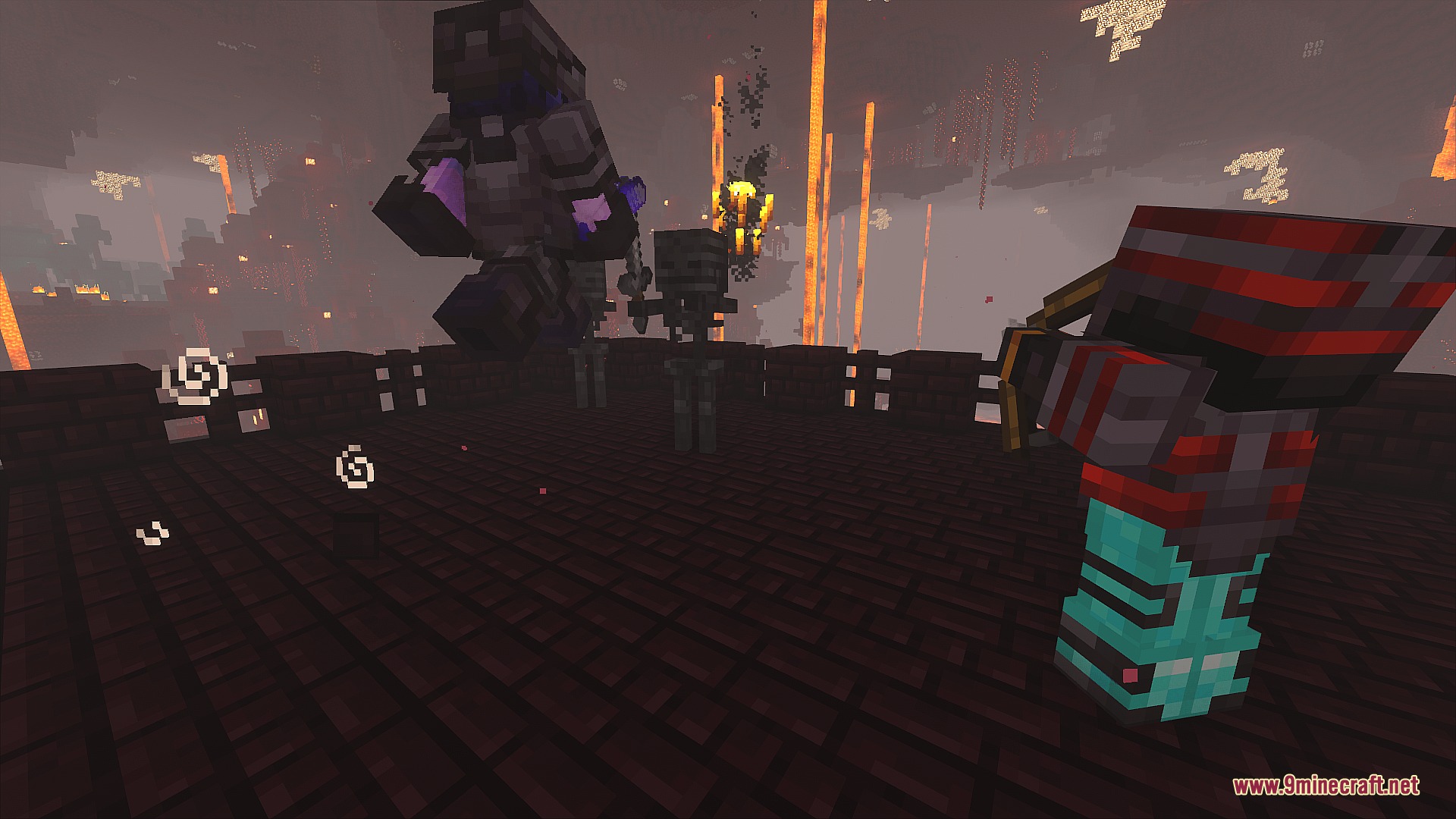 A player wearing armor with custom trims stands on a Nether Fortress bridge