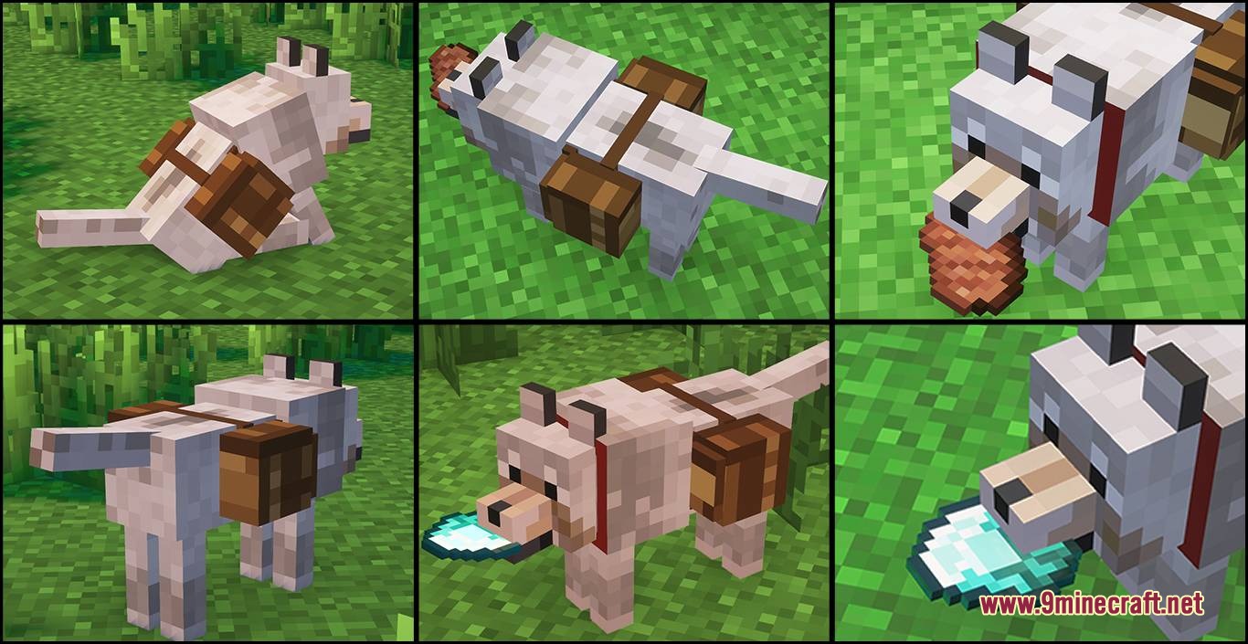 Tamed wolf wearing a storage bag and holding items in its mouth