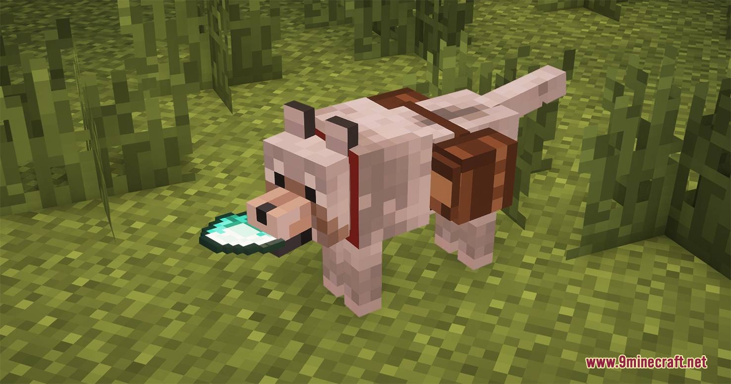 A tamed wolf wearing a saddlebag from the Saddlebag Wolf Bag mod