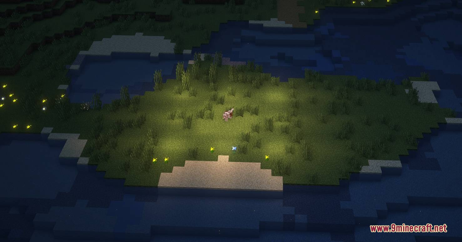 A tamed wolf standing on a small island surrounded by glowing fireflies
