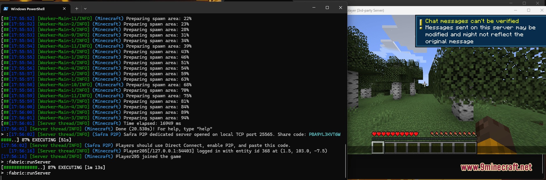 Safra Forge Mod Screenshot 4 Command prompt window showing server logs and a share code for multiplayer access