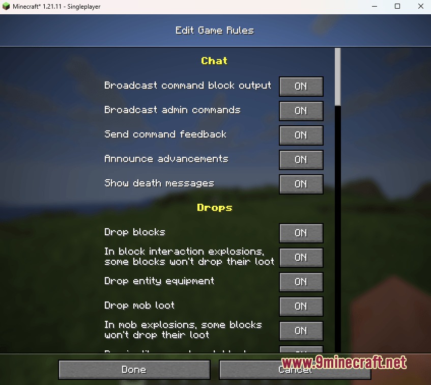 Safra Forge Mod Screenshot 5 A player adjusts game rules for chat and item drops in the settings
