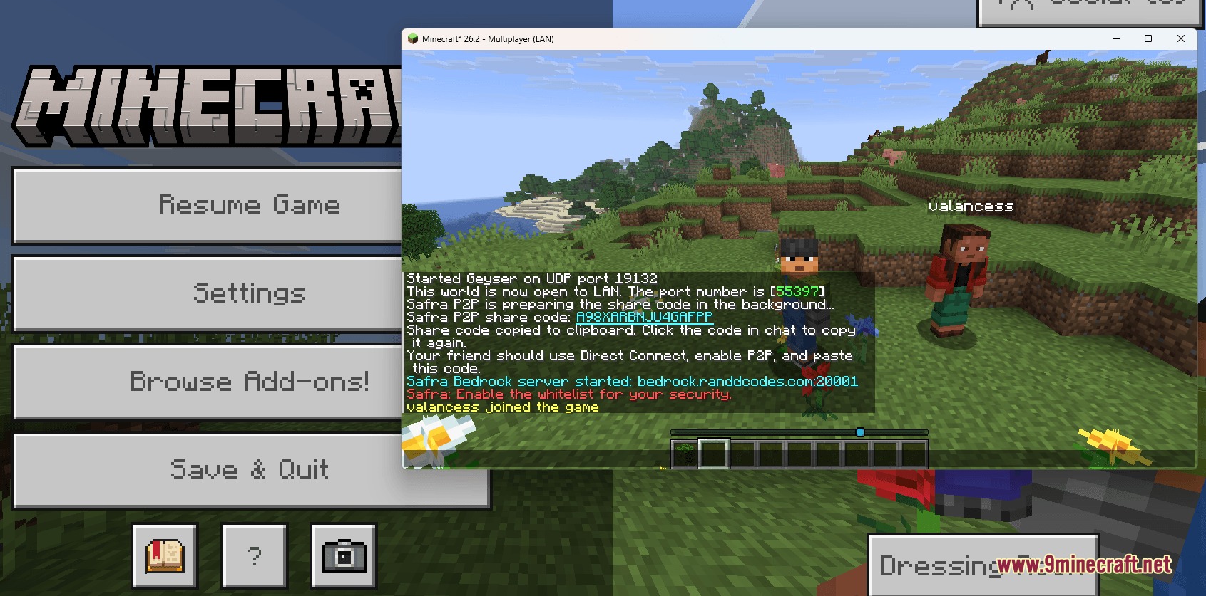 Safra Forge Mod Screenshot 7 Minecraft pause menu with a chat window displaying a multiplayer share code