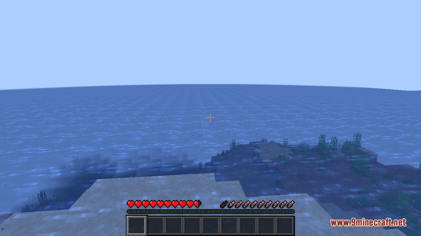 Salmon Hunger Bar Resource Pack Screenshot 1 Minecraft player standing on a beach with salmon icons on the hunger bar