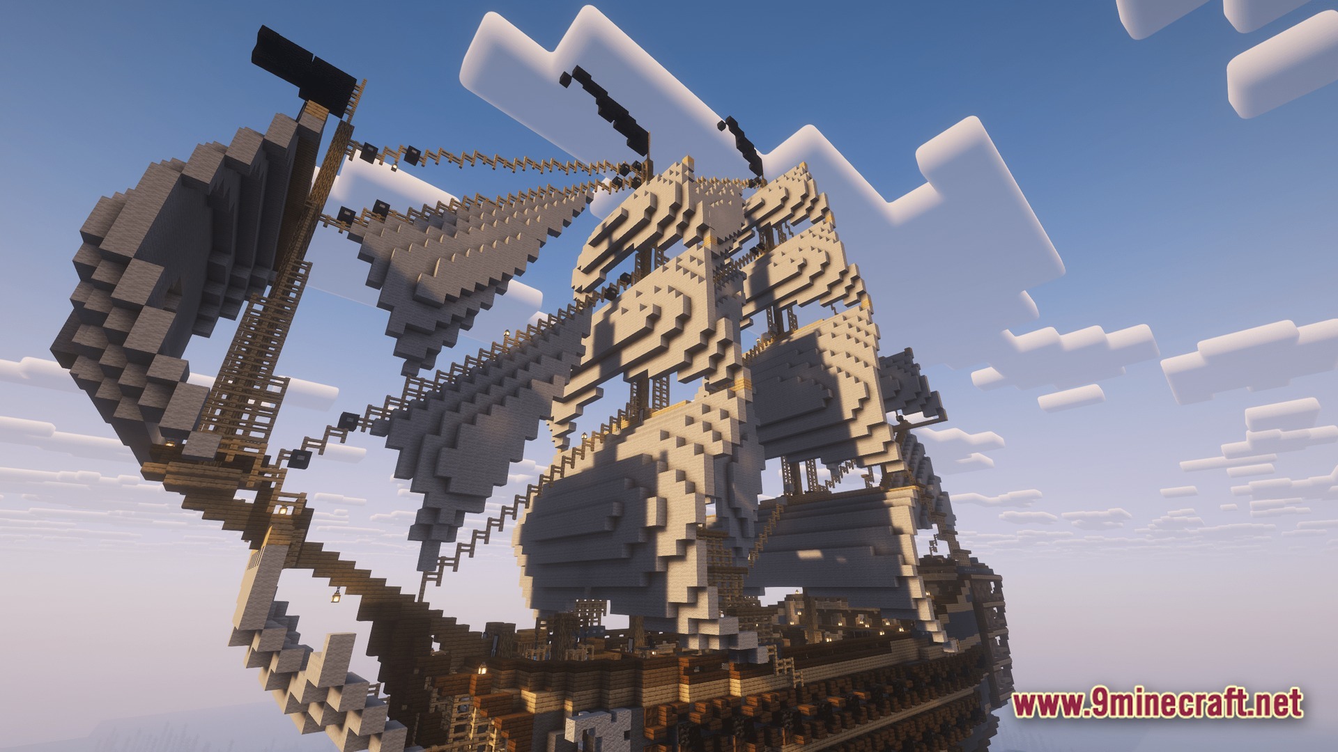 Saltwater Chronicles Modpack Screenshot 10 A large wooden sailing ship with white sails and intricate rigging under a clear sky