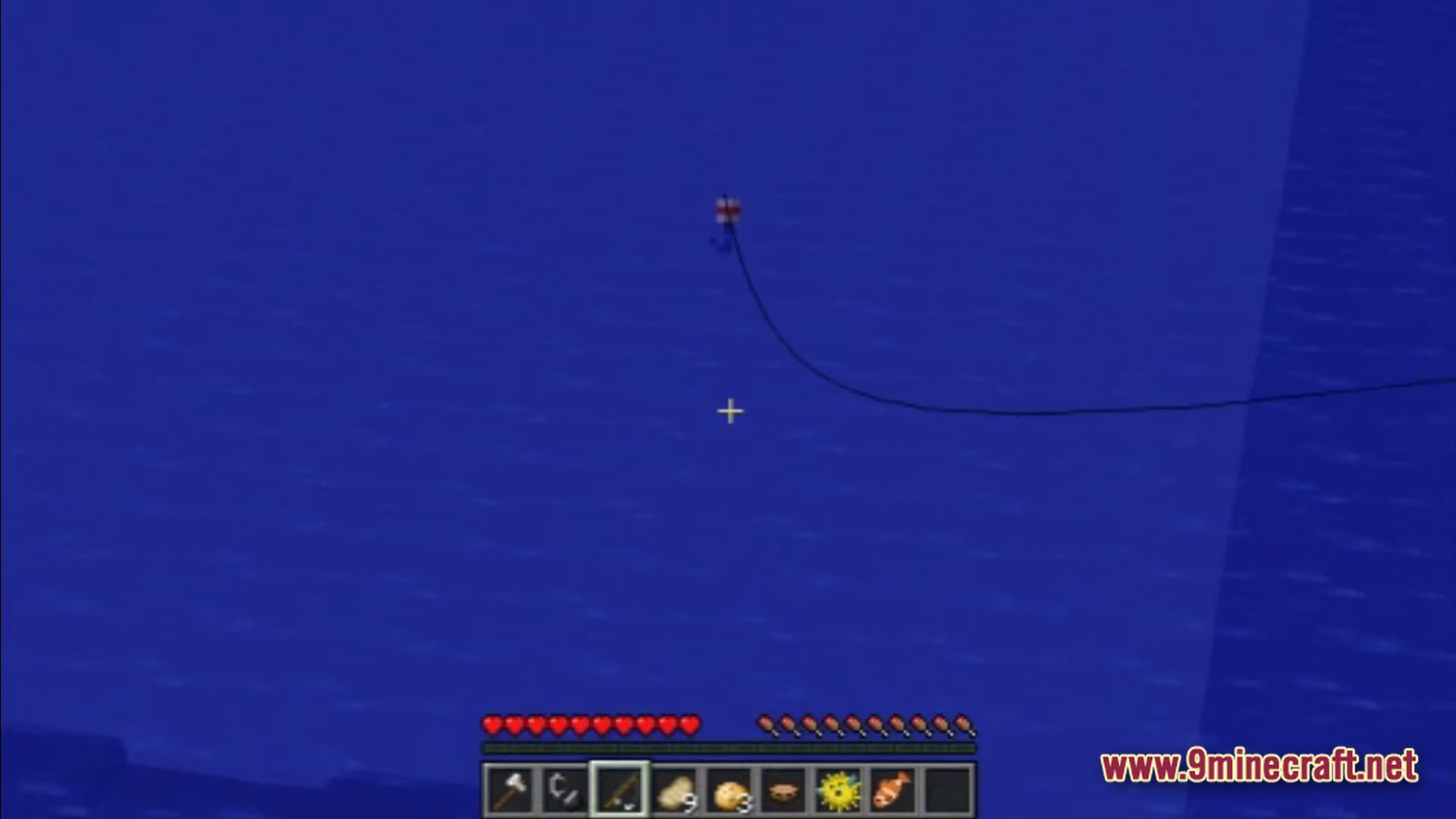 Saltwater Chronicles Modpack Screenshot 3 A fishing line and bobber cast into the deep blue water of an ocean biome