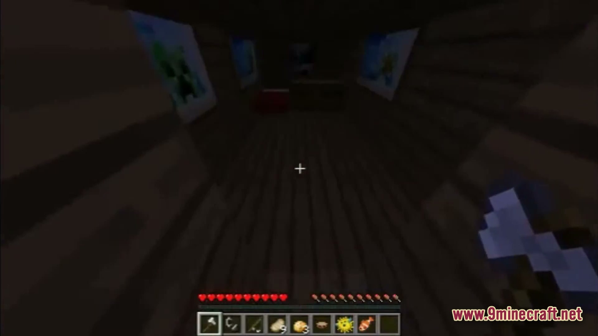 Saltwater Chronicles Modpack Screenshot 4 A player holds an axe inside a dark wooden room decorated with paintings and furniture