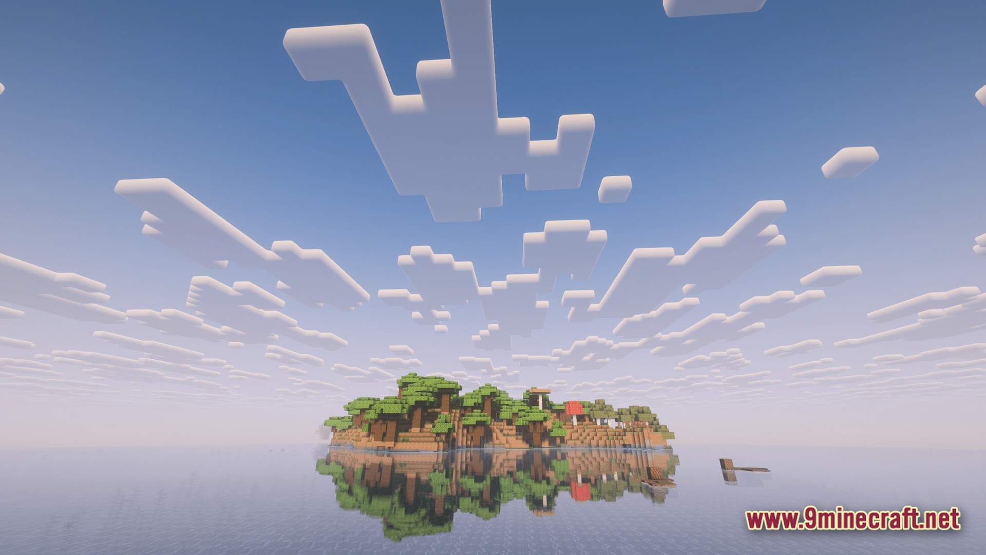 Saltwater Chronicles Modpack Screenshot 7 A small forested island with mushrooms reflects on the surface of a calm, vast ocean