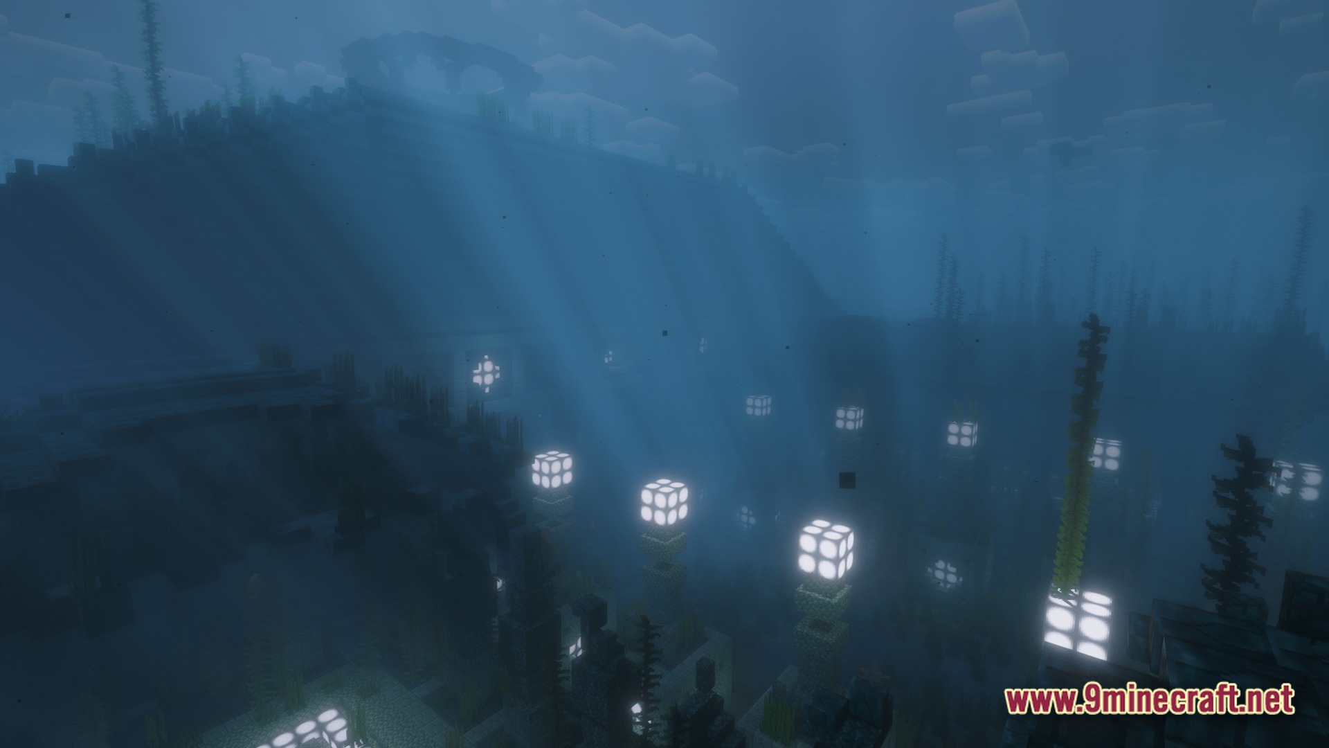 Saltwater Chronicles Modpack Screenshot 8 Glowing light blocks illuminate a dark underwater trench filled with kelp and stone structures